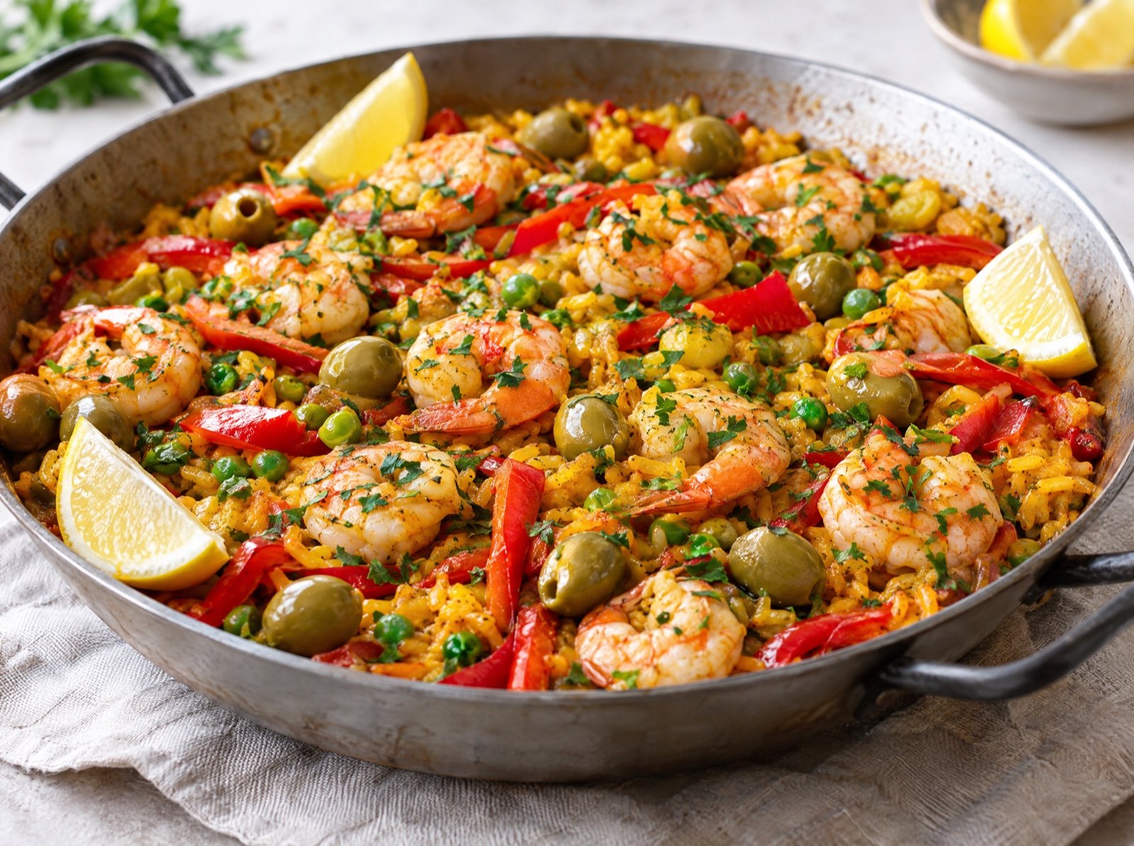 Mediterrane Garnelen-Reispfanne mit Oliven