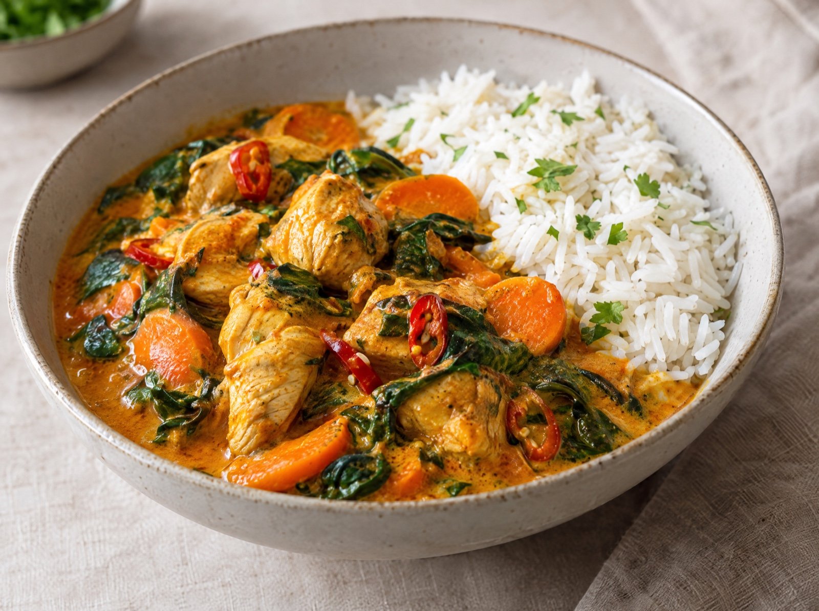 Scharfes Hähnchen-Curry mit Spinat und Karotten