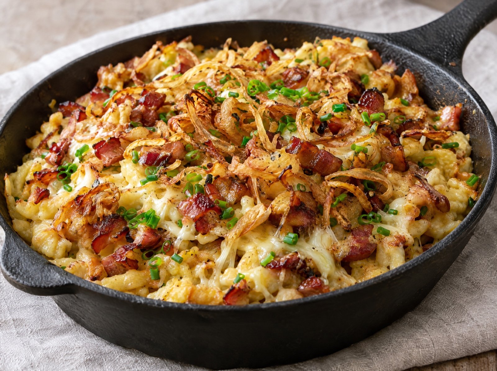 Bayerische Kässpätzle mit Speck und Röstzwiebeln