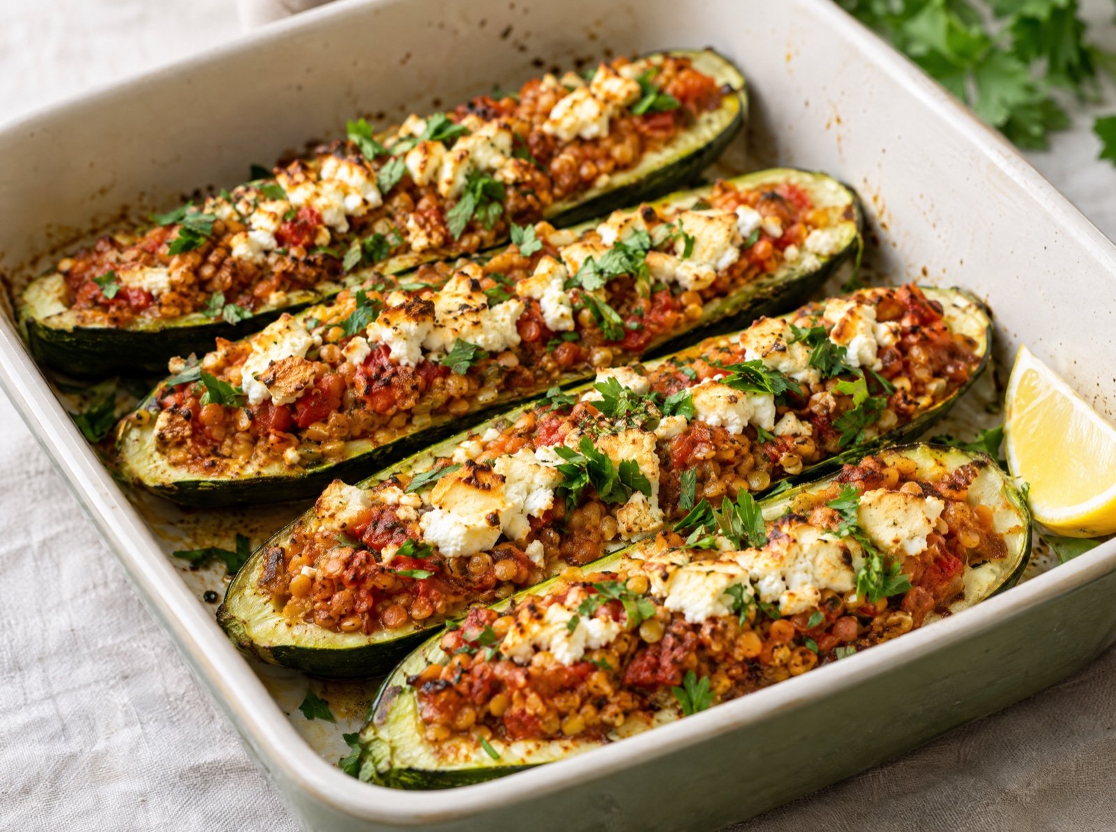 Gefüllte Zucchini mit roten Linsen und Feta