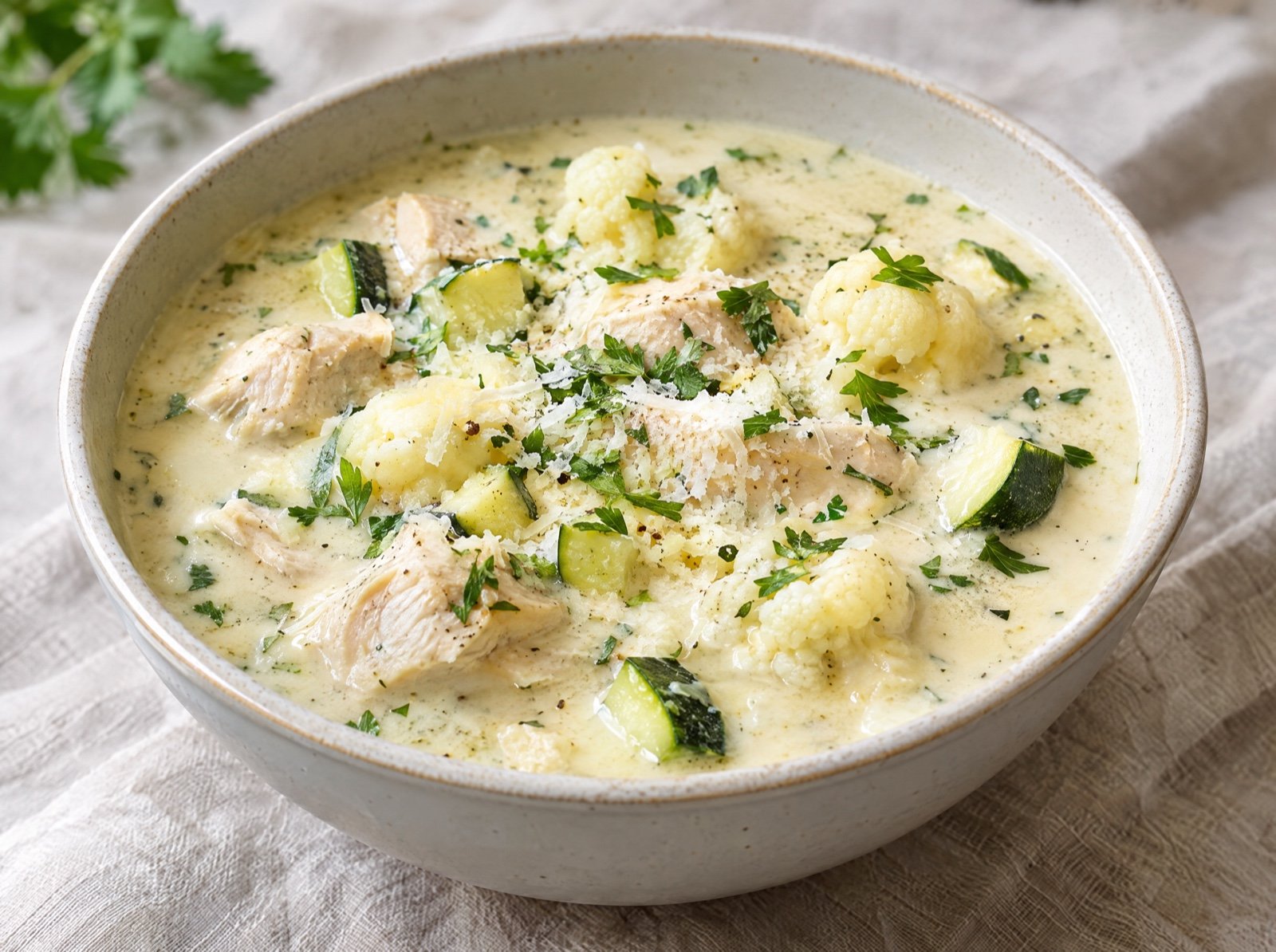 Cremige Blumenkohl-Hähnchen-Suppe mit Zucchini
