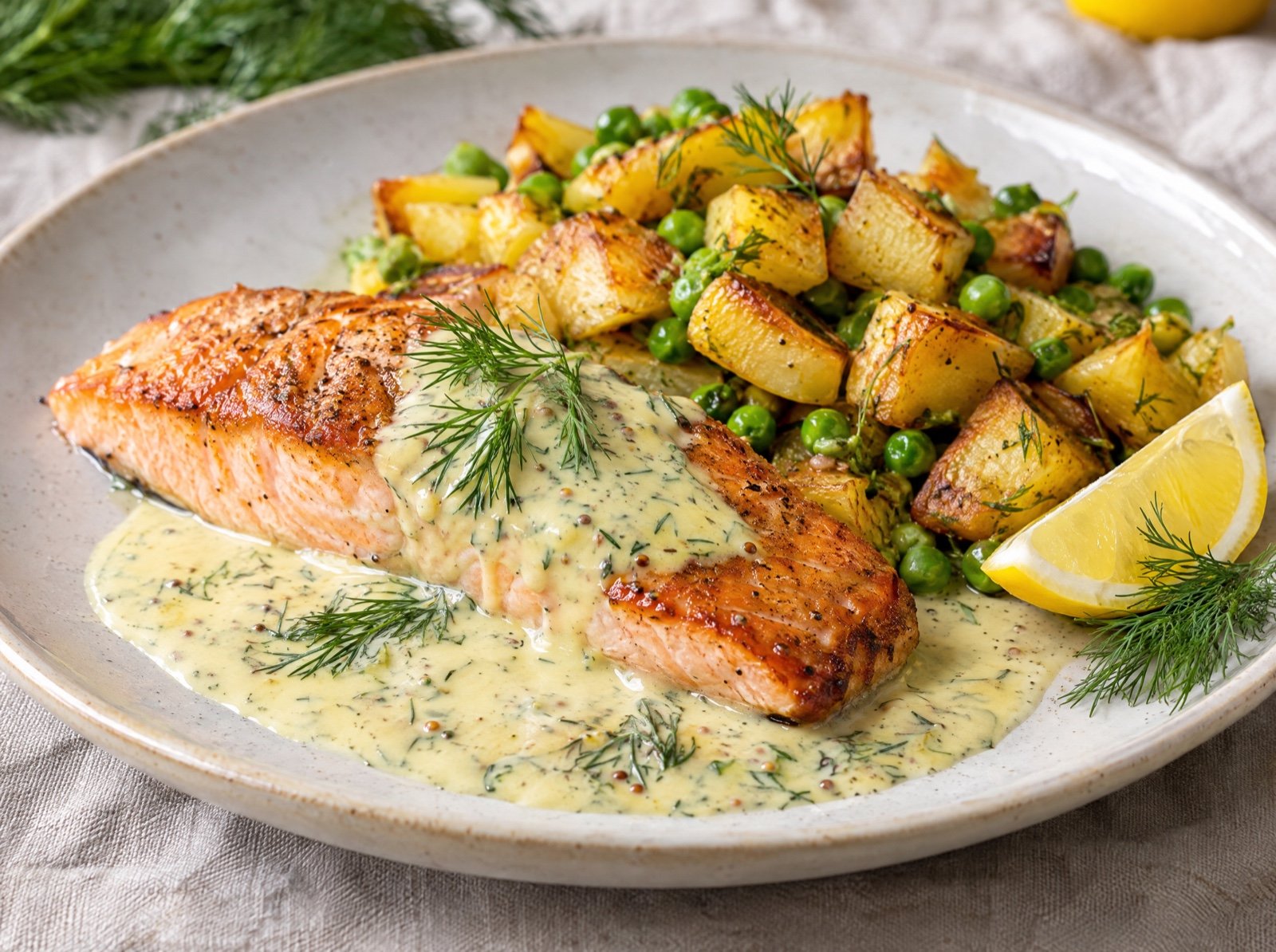 Lachs mit Senf-Dill-Sahne und Kartoffel-Erbsen-Pfanne
