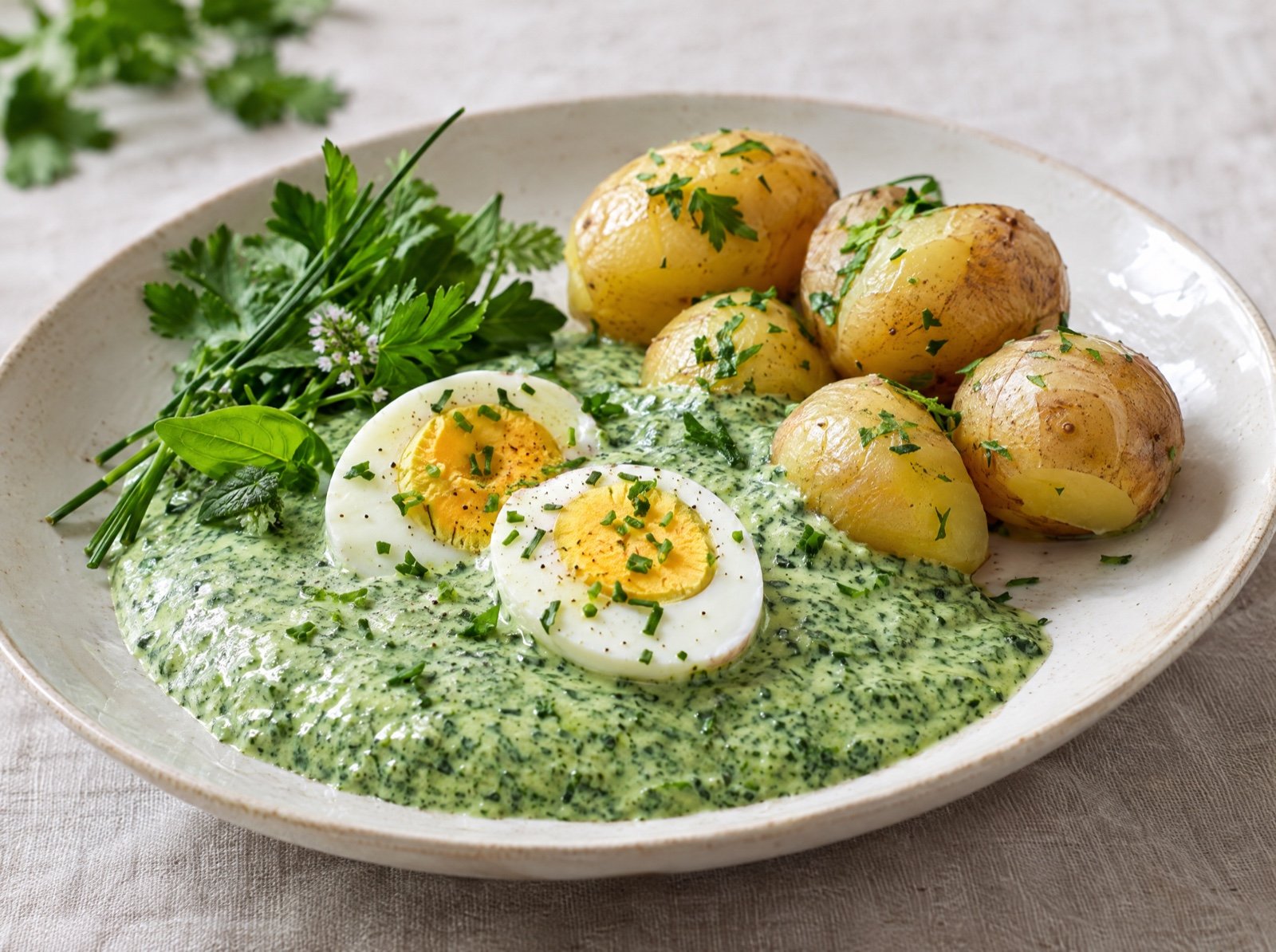 Frankfurter Grüne Soße mit Pellkartoffeln und Ei