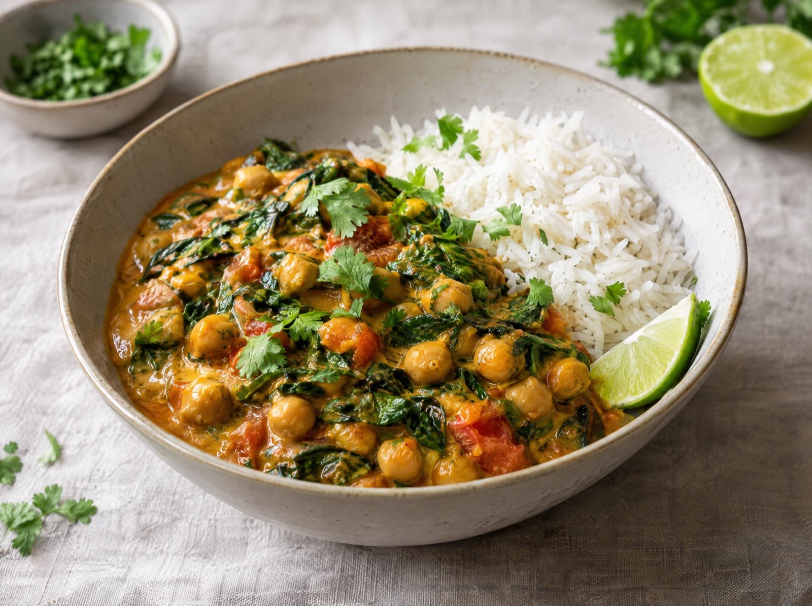 Cremiges Kichererbsen-Spinat-Curry mit Kokos und Limette