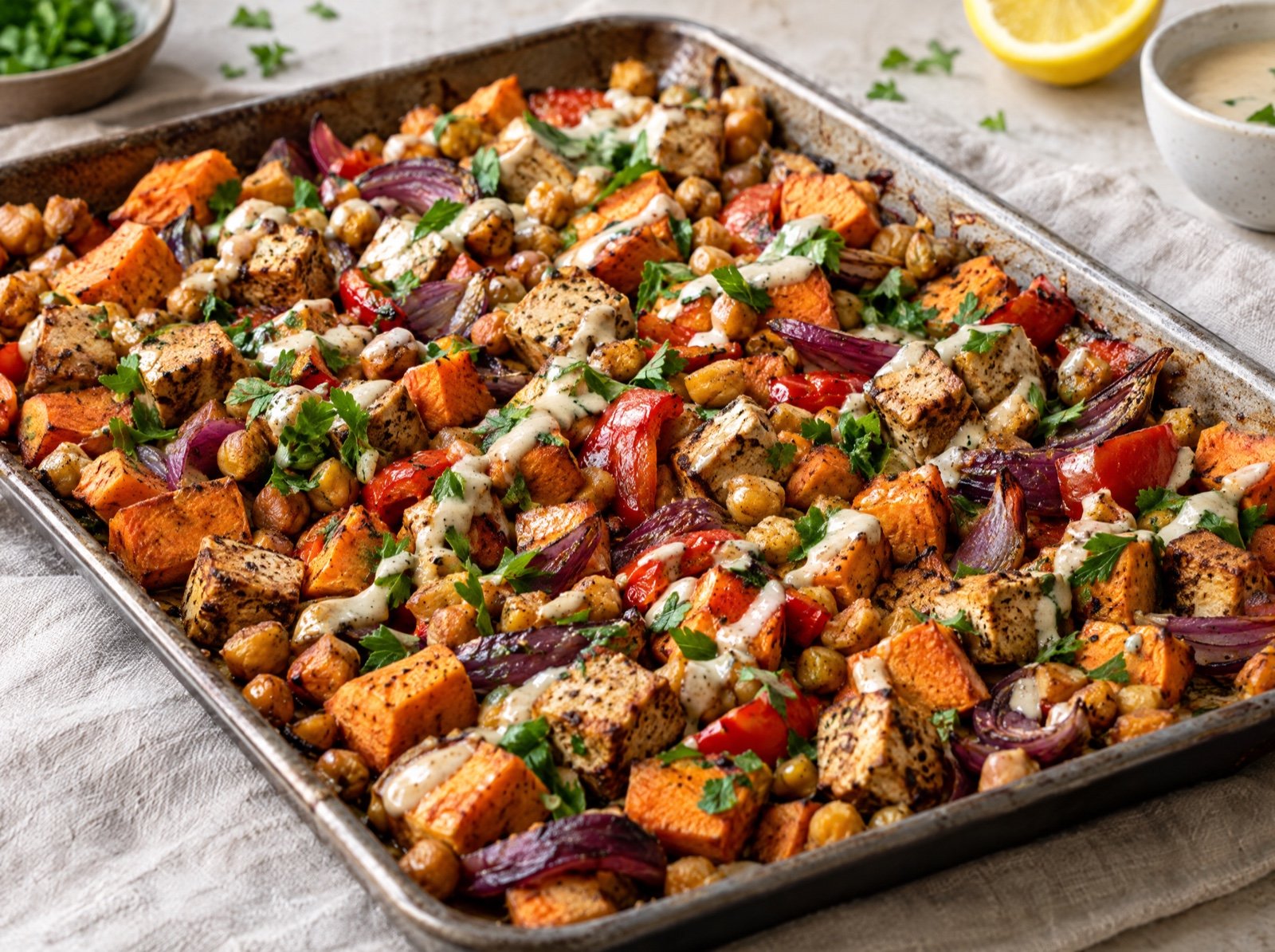 Ofen-Traybake mit Süßkartoffel, Kichererbsen und Tofu mit Tahin-Zitronen-Sauce