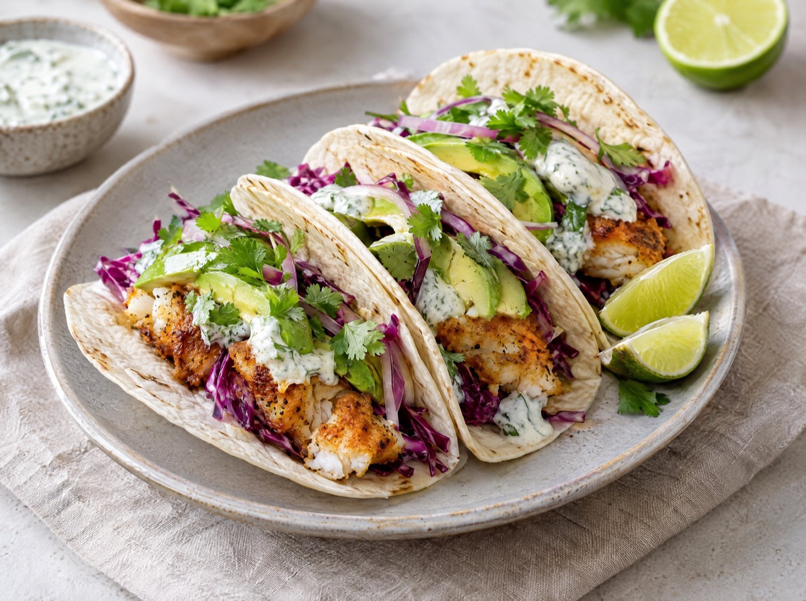 Knusprig gebratener Kabeljau in weichen Tortillas