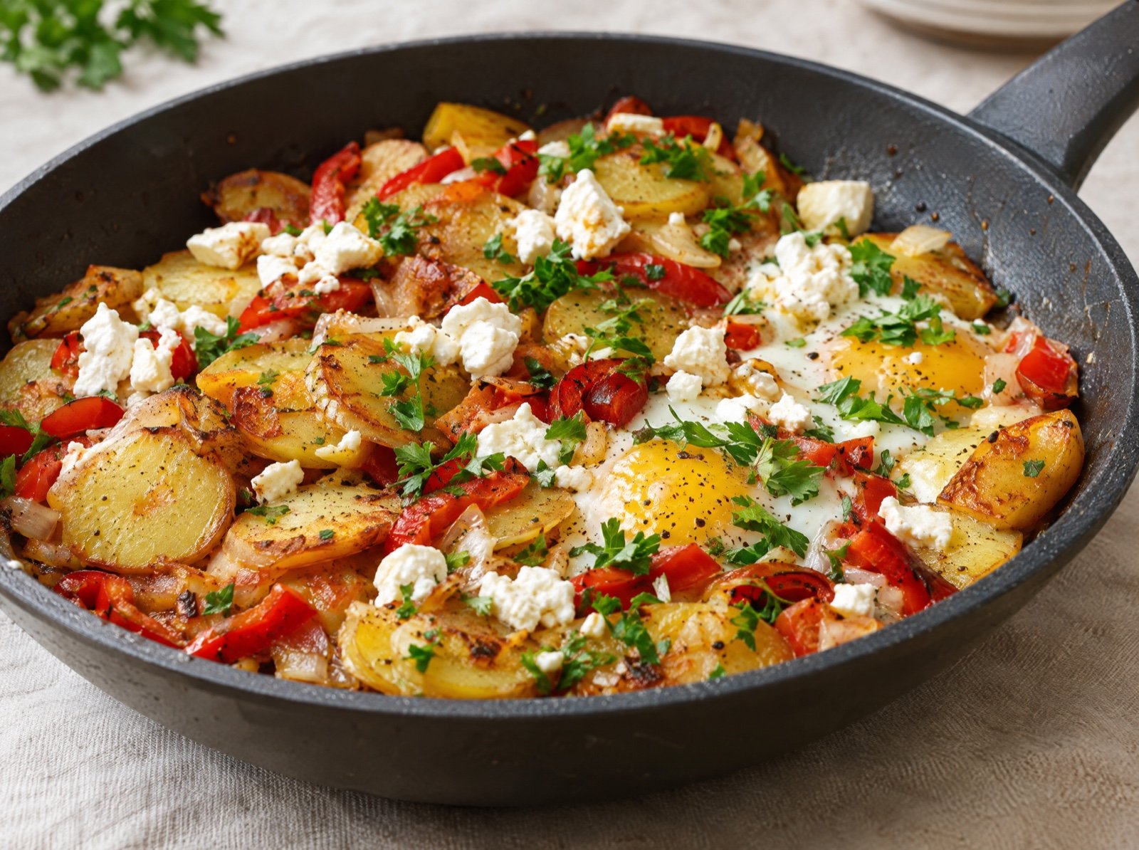 Knusprige Kartoffelpfanne mit Feta und Paprika