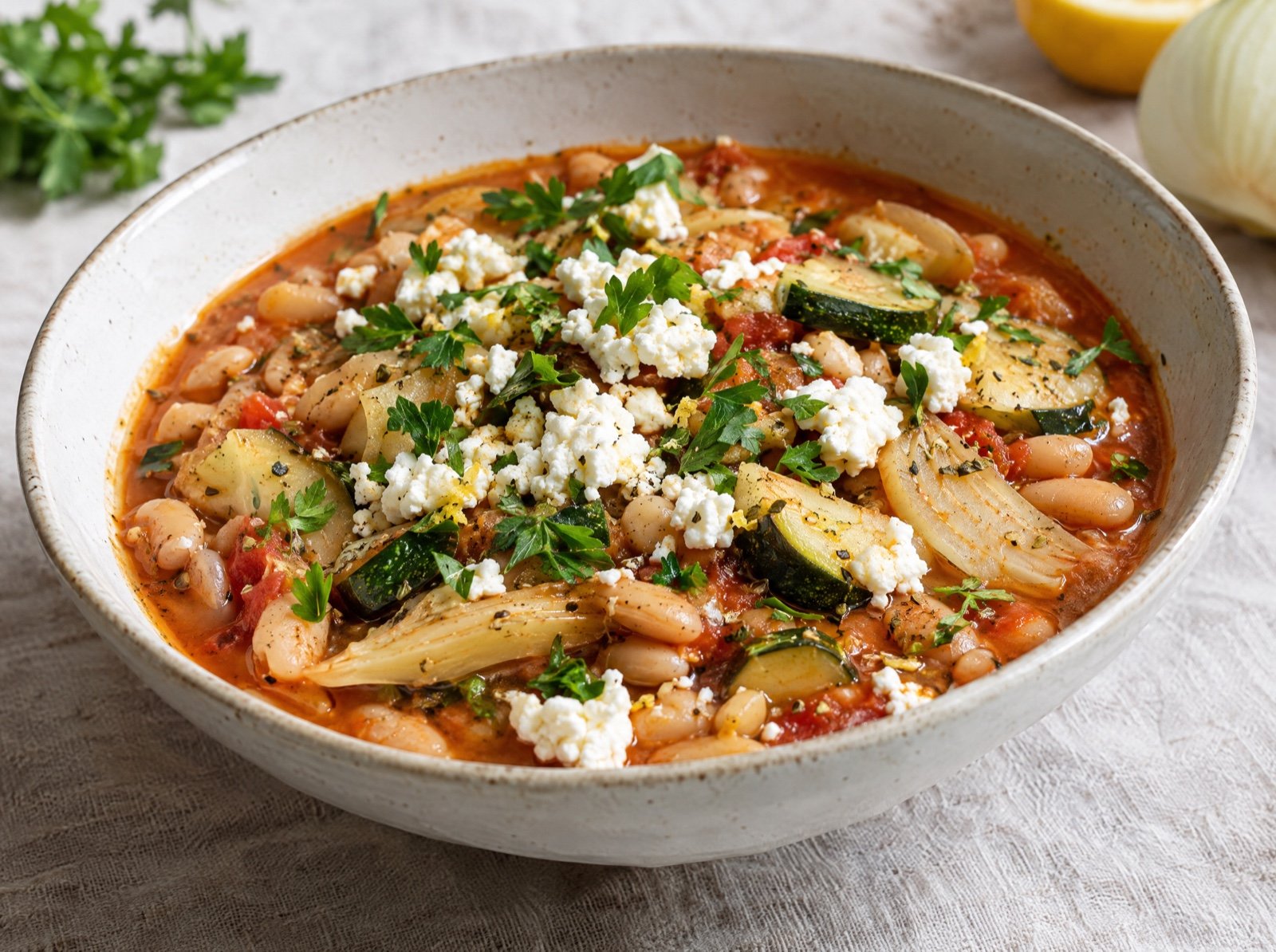 Weißer Bohnen-Eintopf mit Fenchel, Zucchini und Feta