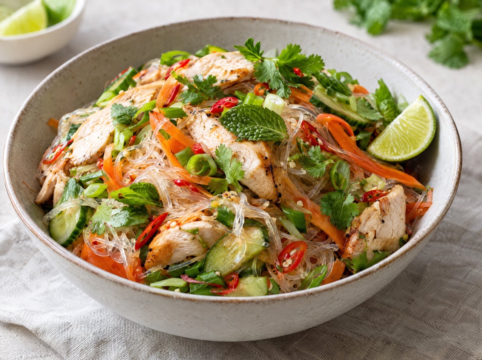 Thailändischer Glasnudelsalat mit Hähnchen und Limetten-Fischsauce