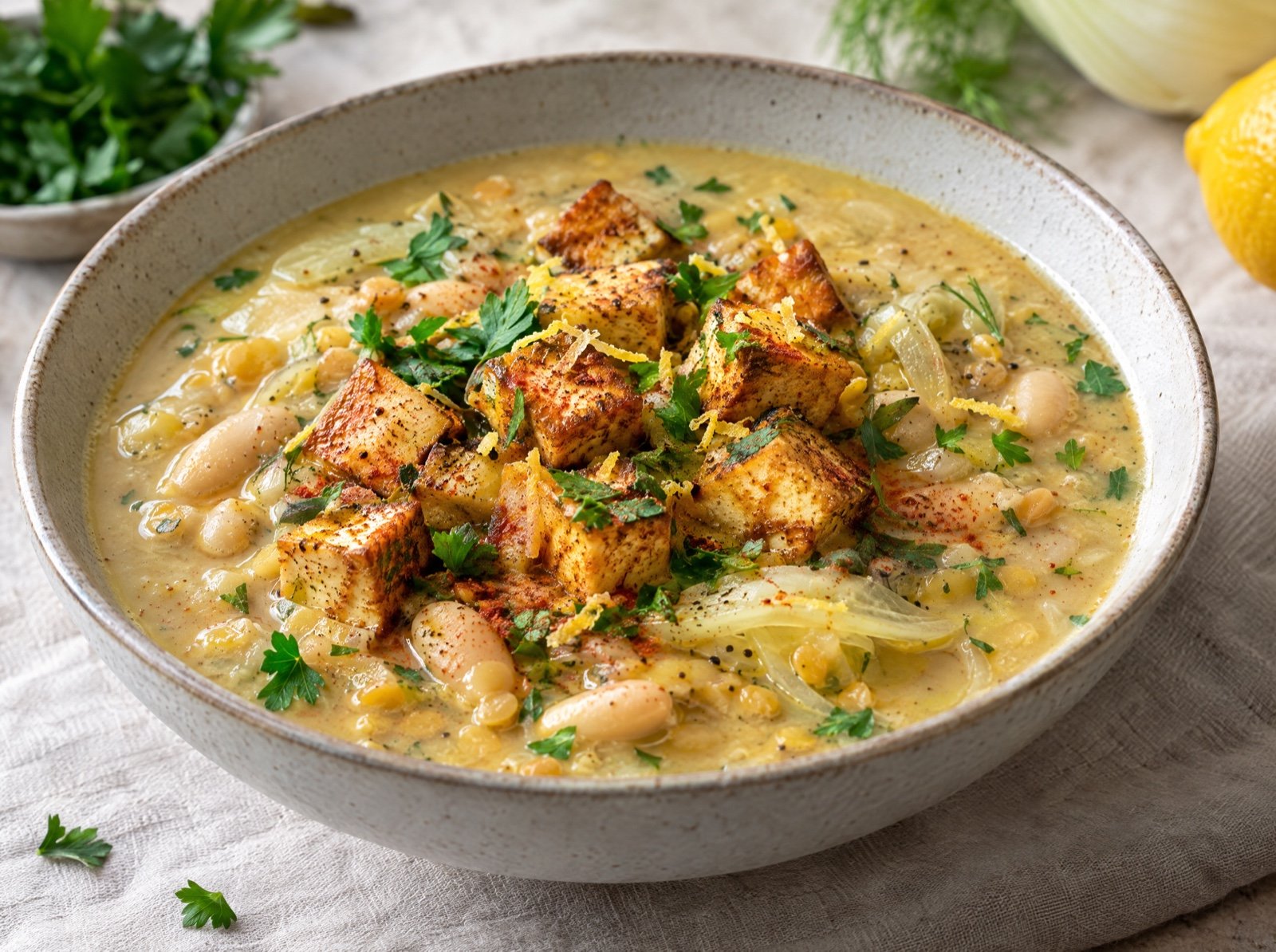 Weiße Bohnen-Fenchel-Suppe mit knusprigem Tofu