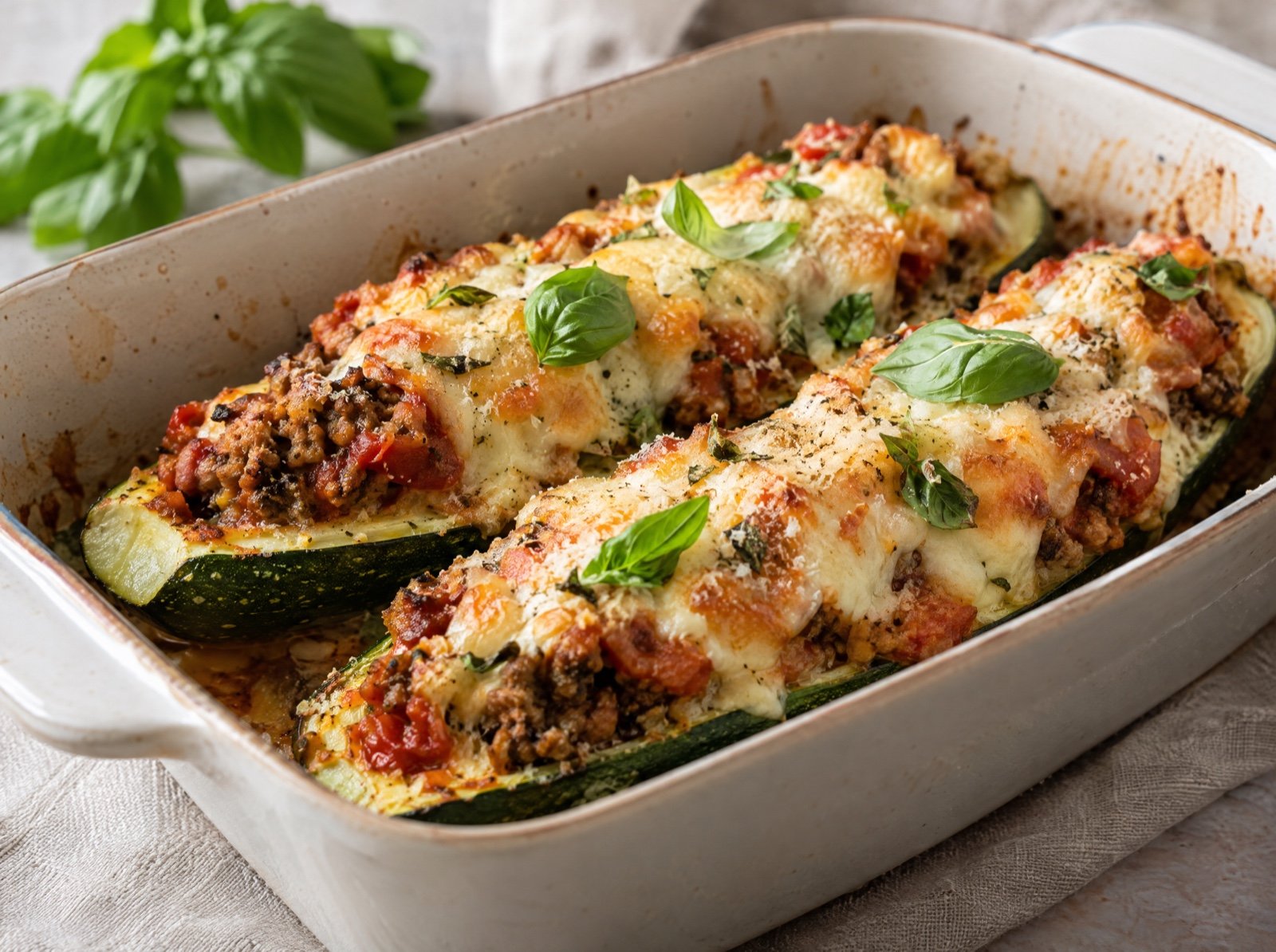 Überbackene gefüllte Zucchini mit Hackfleisch und Mozzarella