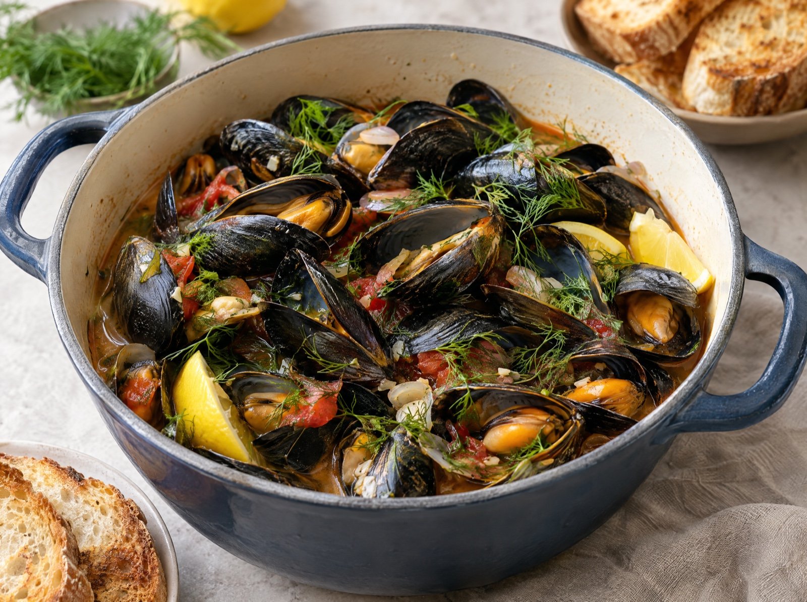 Miesmuscheln in Weißwein-Tomaten-Sud mit Dill