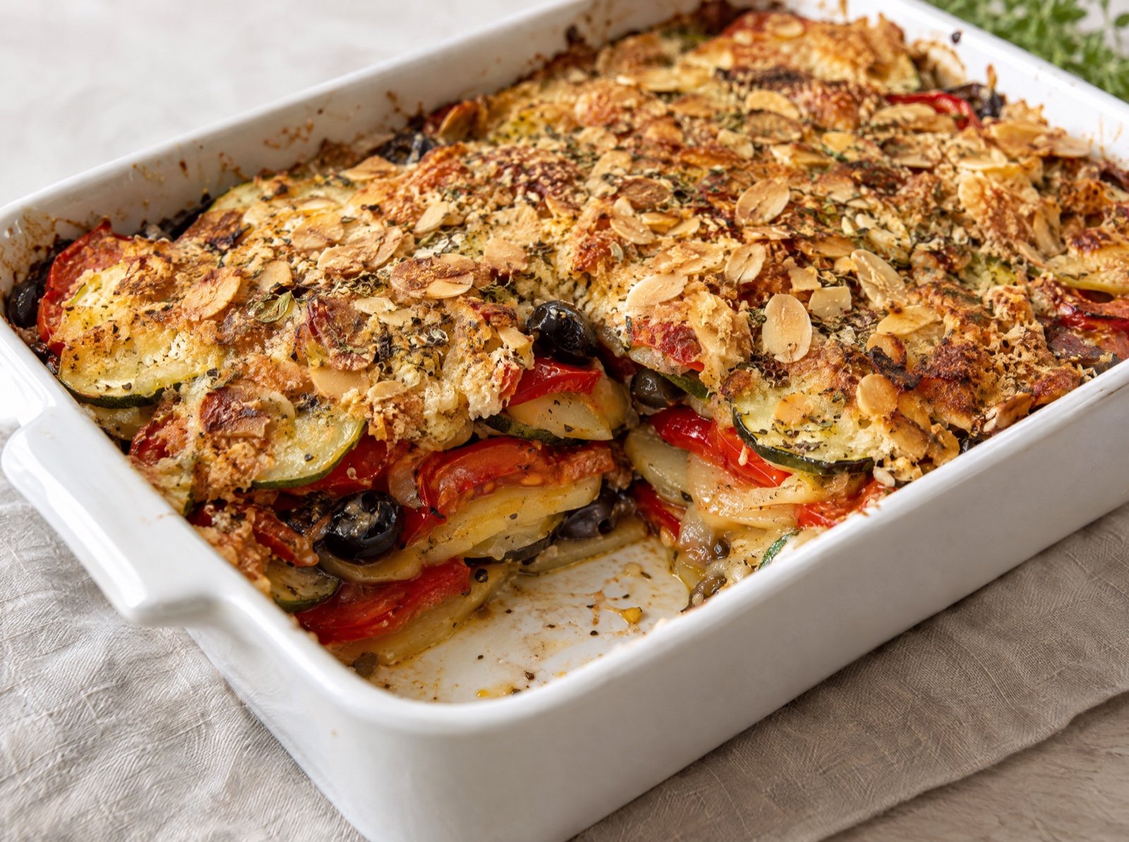 Mediterranes Gemüsegratin mit Parmesan-Mandel-Kruste