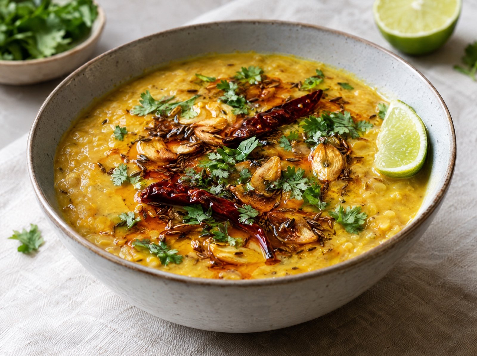Gelbes Dal mit Knoblauch-Chili-Tadka
