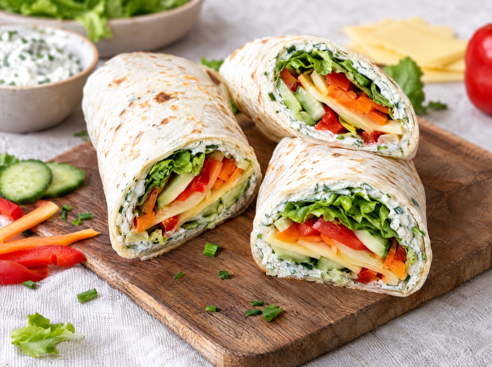 Bunte Frischkäse-Wraps mit Gemüse und Gouda