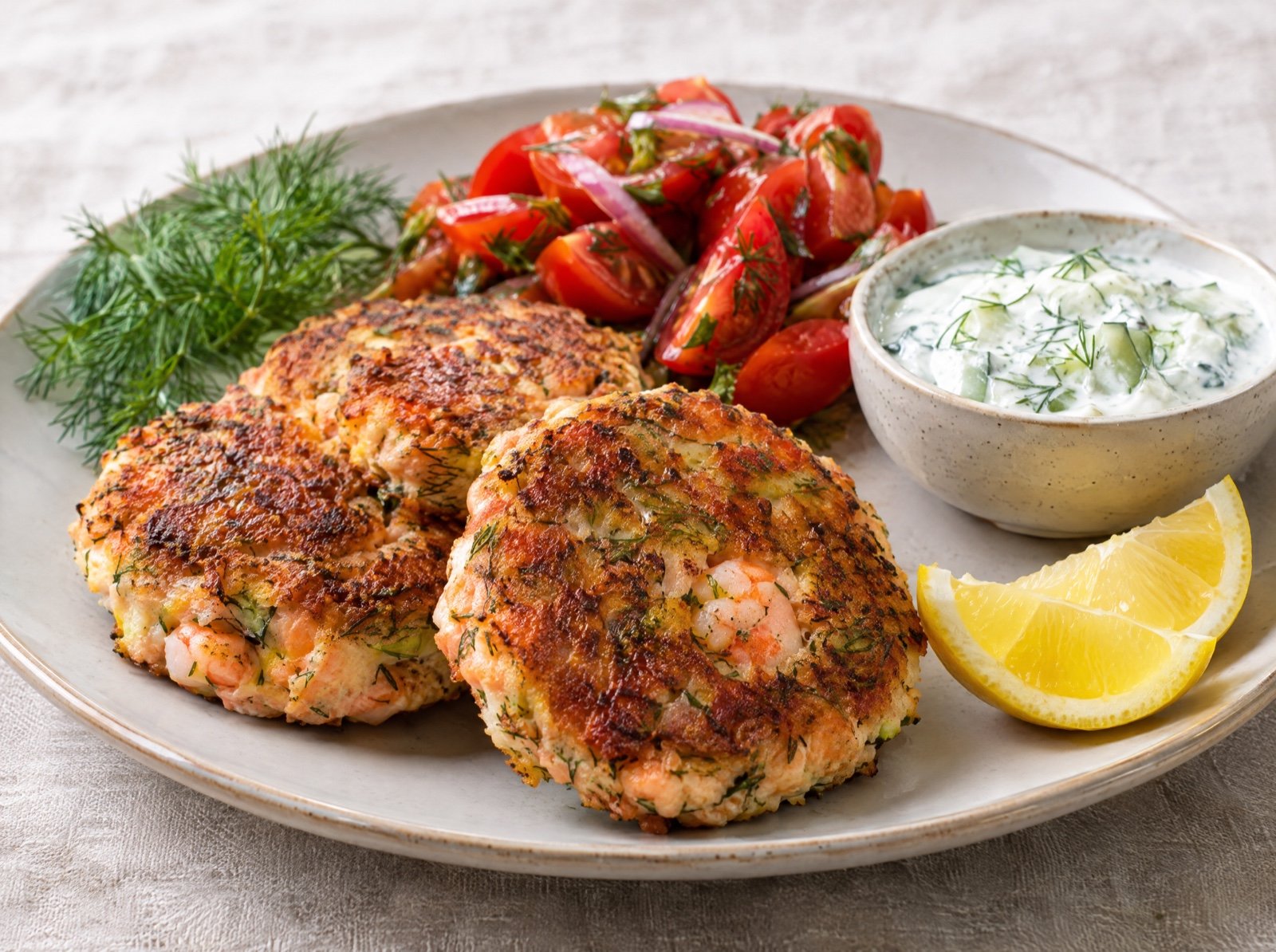 Salmon and Shrimp Patties with Cucumber Dill Dip