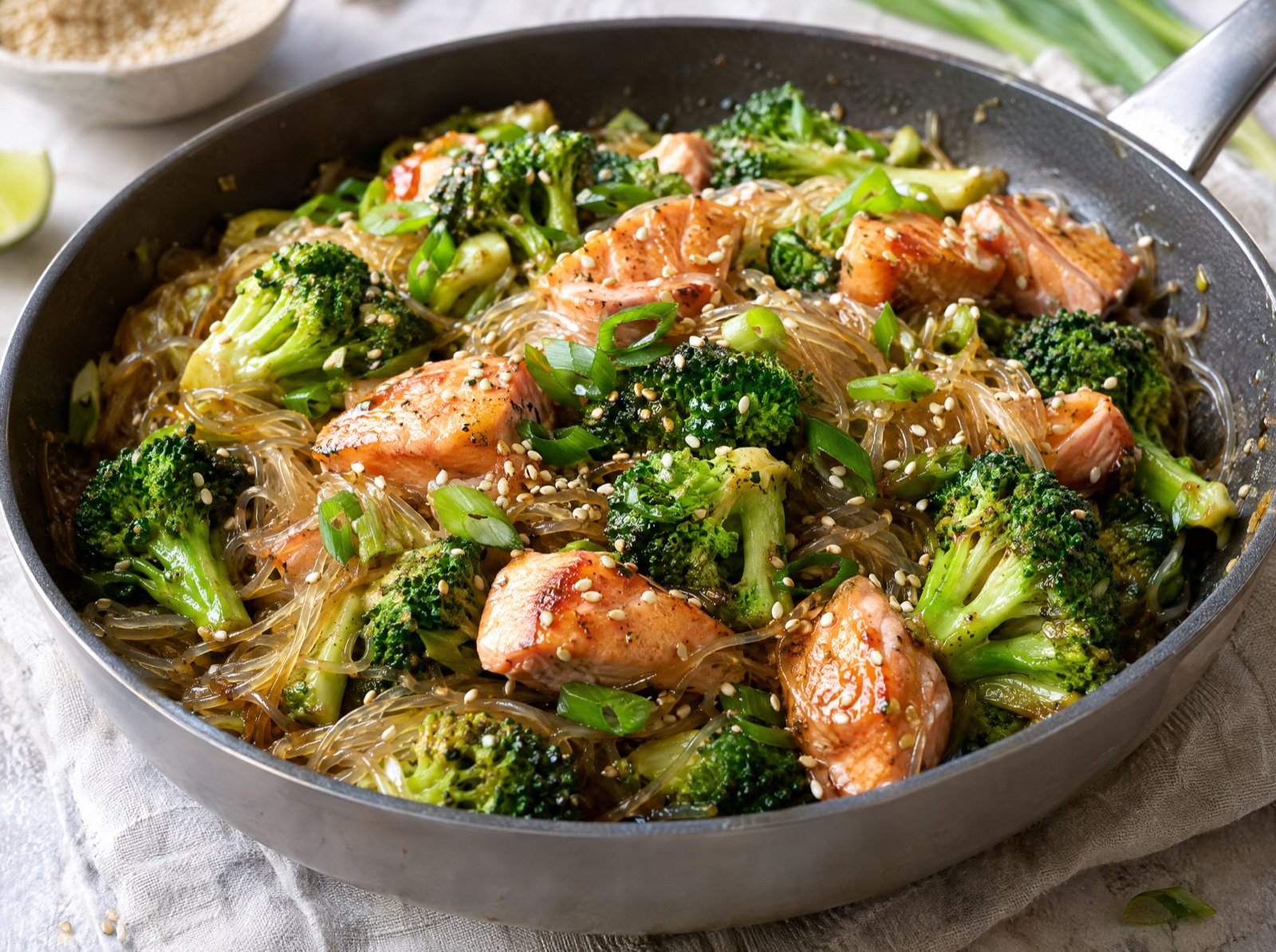 Lachs-Brokkoli-Pfanne mit Glasnudeln und Sesam