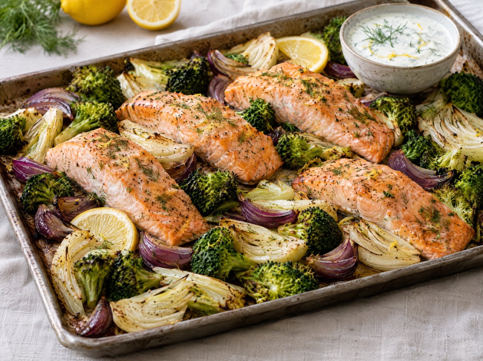 Ofenlachs mit Brokkoli, Fenchel und Zitronen-Dill-Joghurt