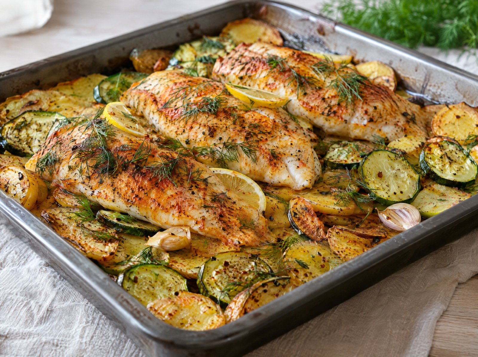 Ofen-Rotbarsch mit Kartoffeln, Zucchini und Zitronen-Dill