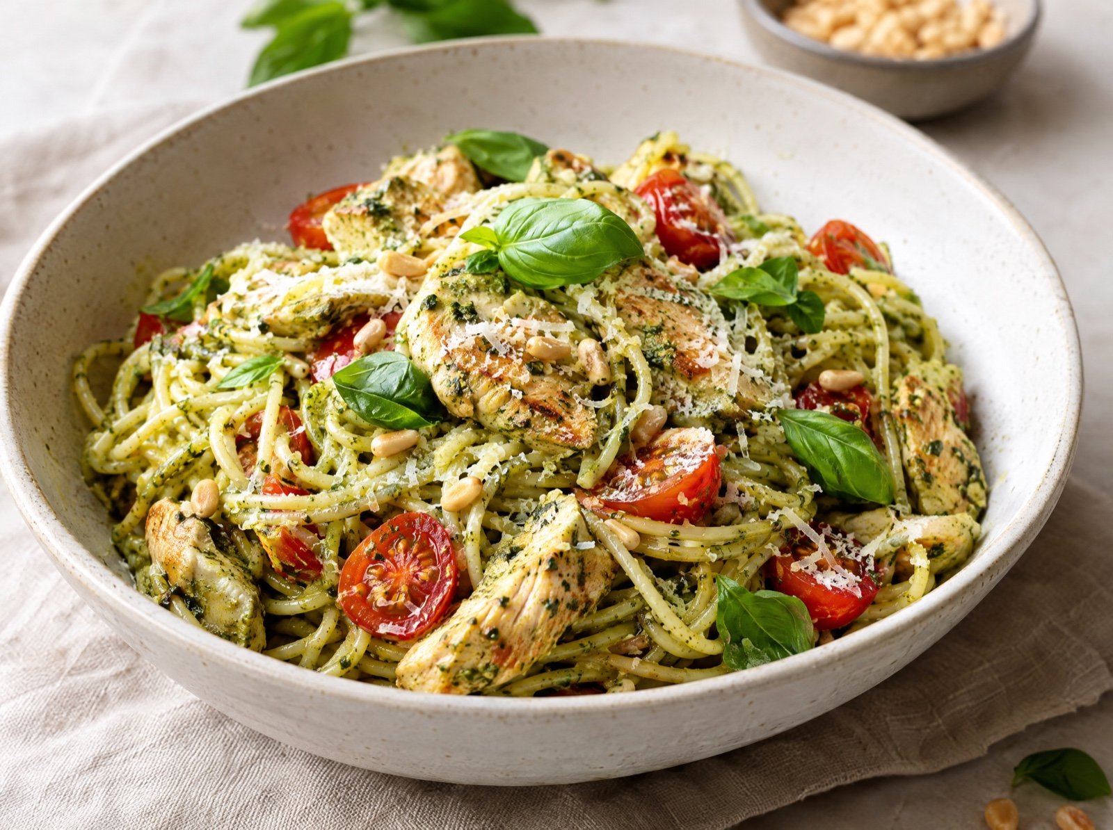 Spaghetti mit Hähnchen, Basilikum-Pesto und Kirschtomaten