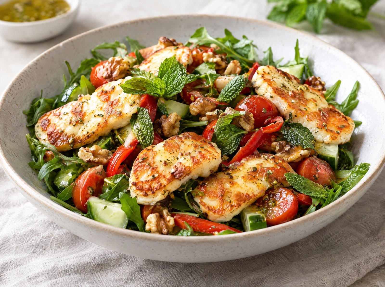 Warm Halloumi Salad with Walnuts and Mint