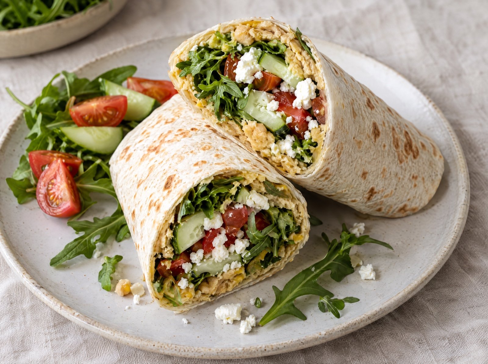 Kichererbsen-Feta-Wrap mit Gurke und Rucola