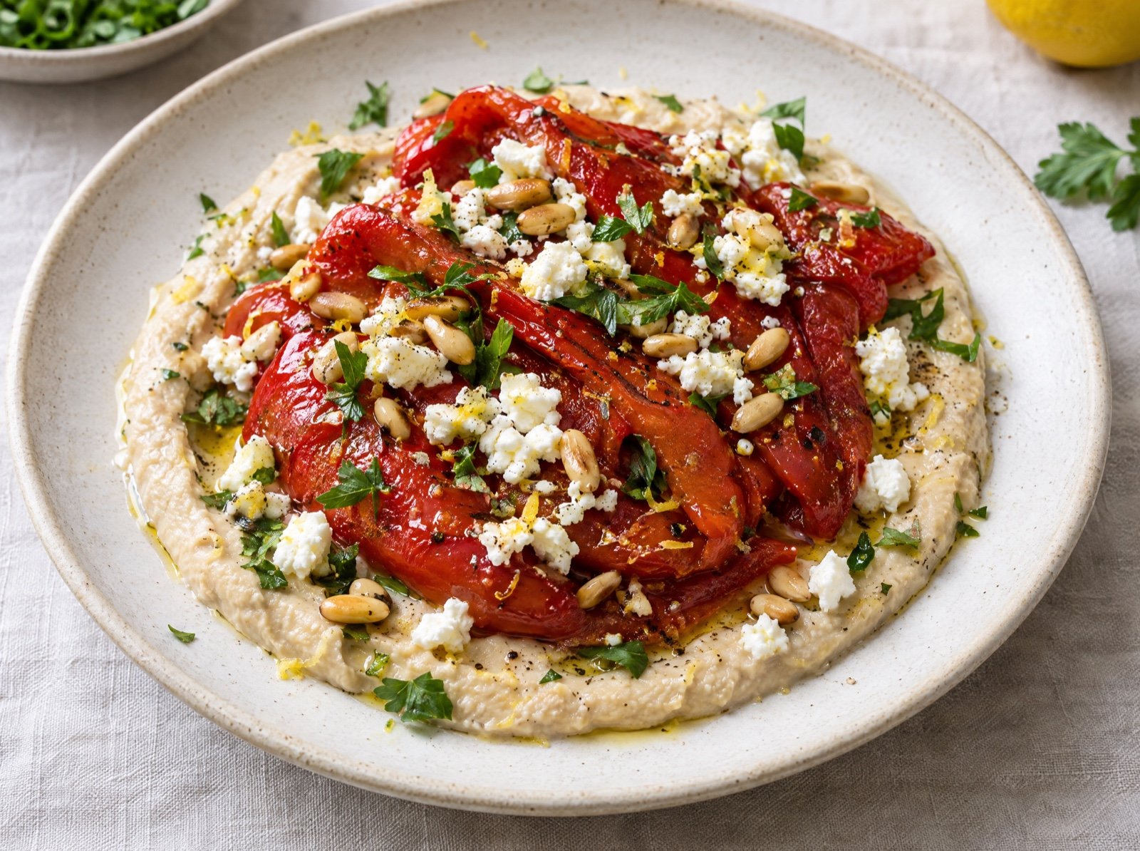 Ofenpaprika auf Zitronen-Bohnen-Creme mit Feta
