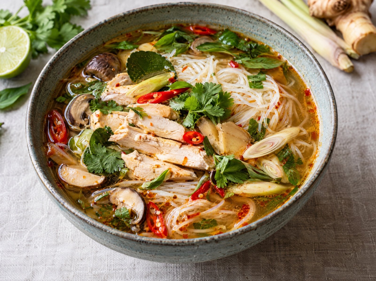 Scharfe Thai-Hähnchen-Nudelsuppe mit Zitronengras und Galgant-Ingwer