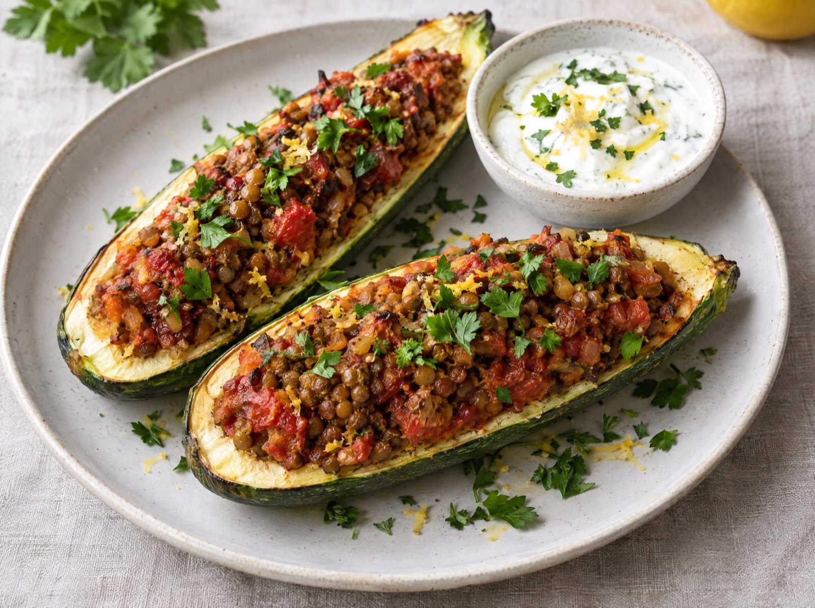 Gefüllte Zucchini mit Linsen-Tomaten-Füllung und Zitronen-Soja-Dip