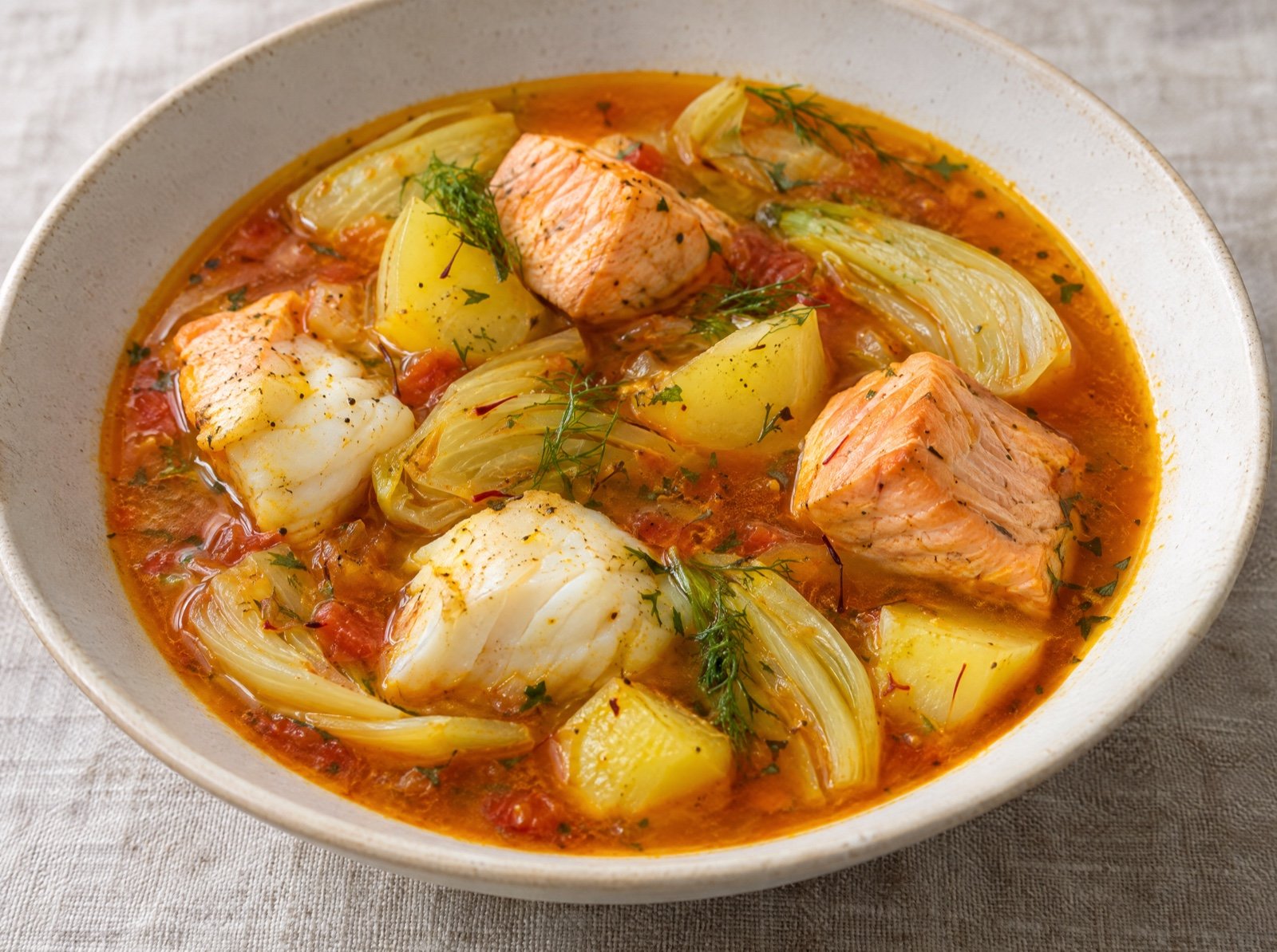 Provenzalische Fischsuppe mit Kabeljau, Lachs und Fenchel