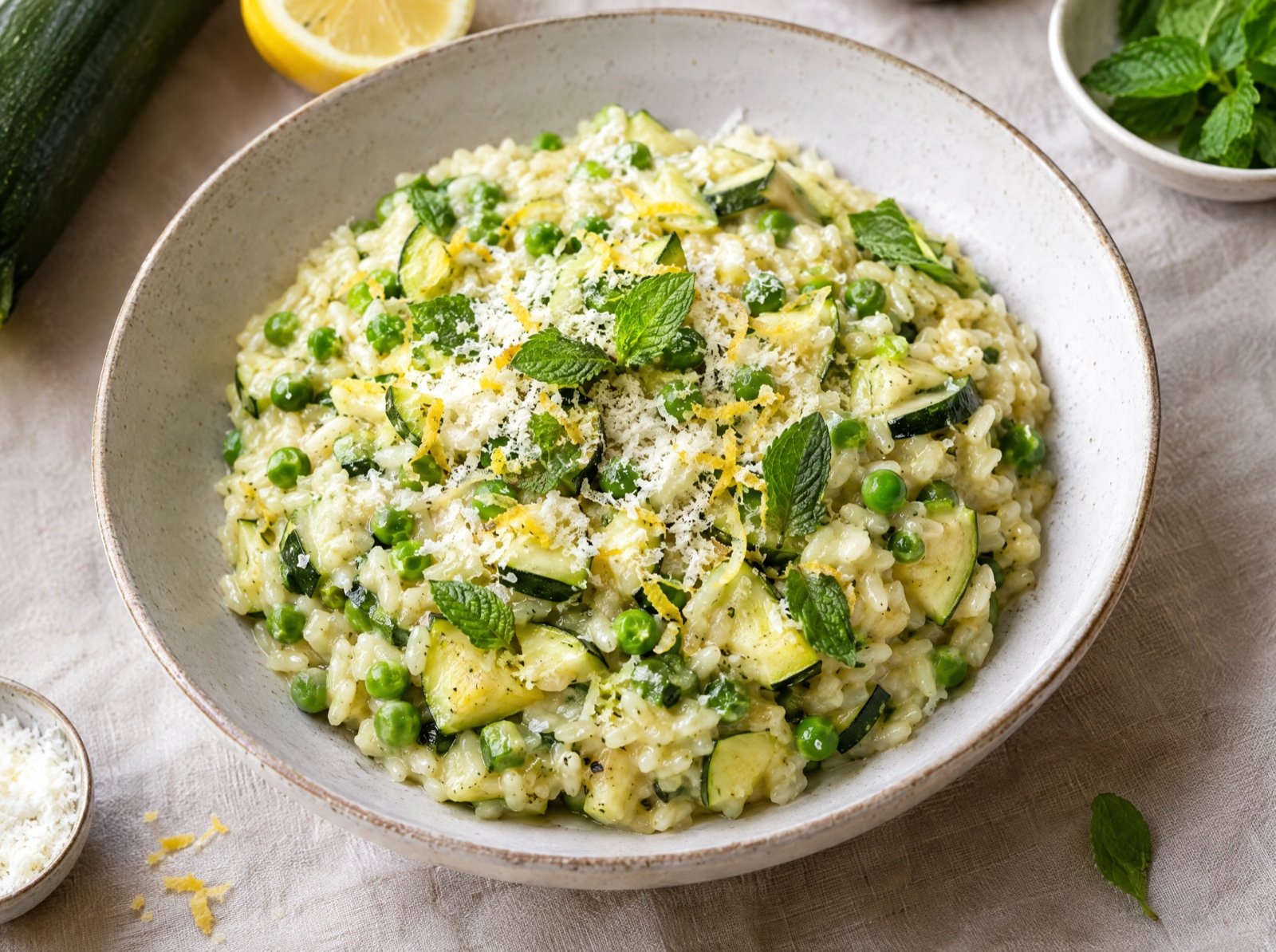 Zucchini-Erbsen-Risotto mit Zitrone und Minze