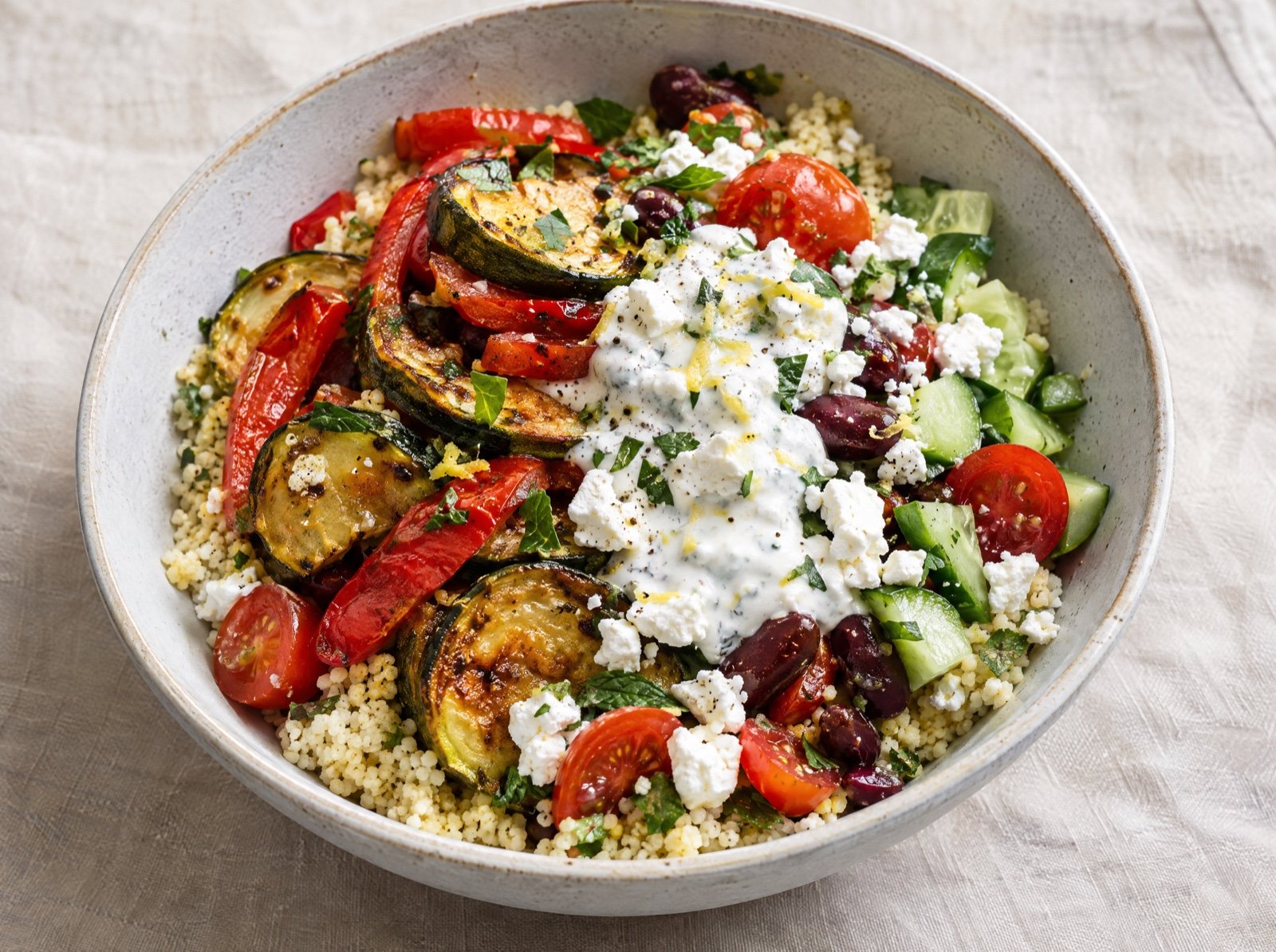 Couscous Bowl with Peppers, Zucchini and Yogurt-Lemon Sauce