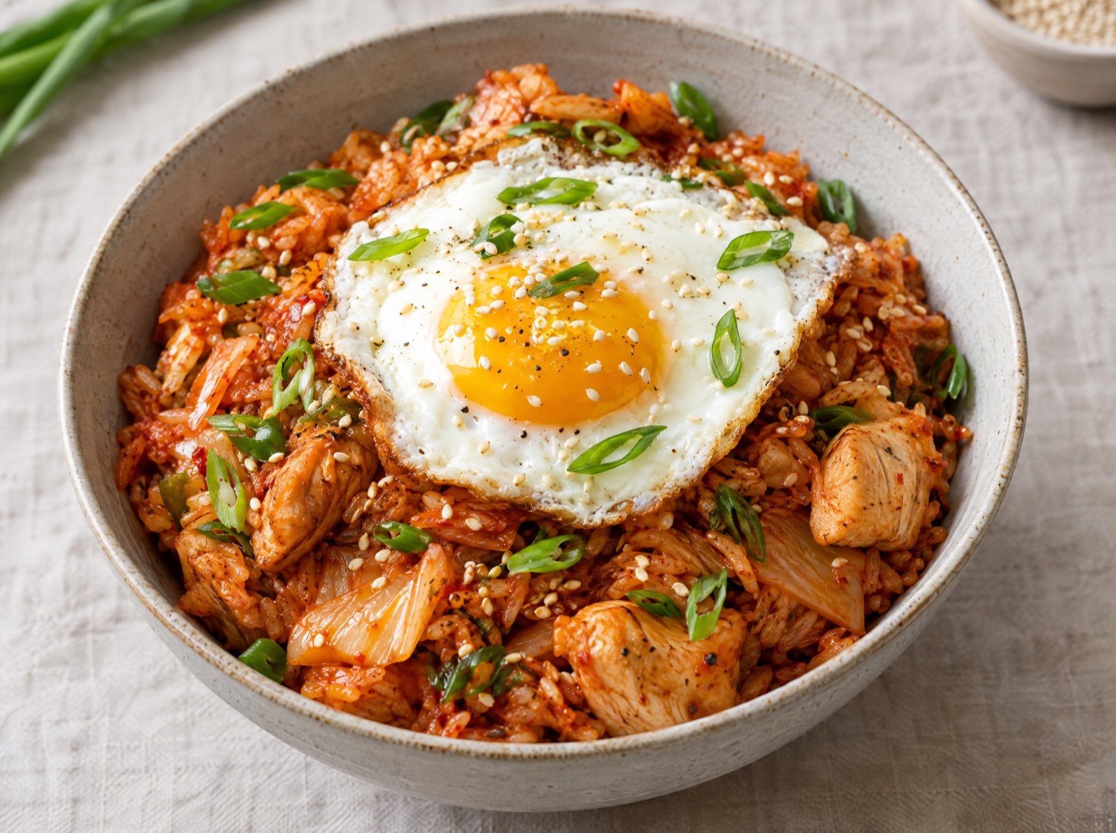 Koreanisches Kimchi-Bokkeumbap mit Hähnchen und Spiegelei