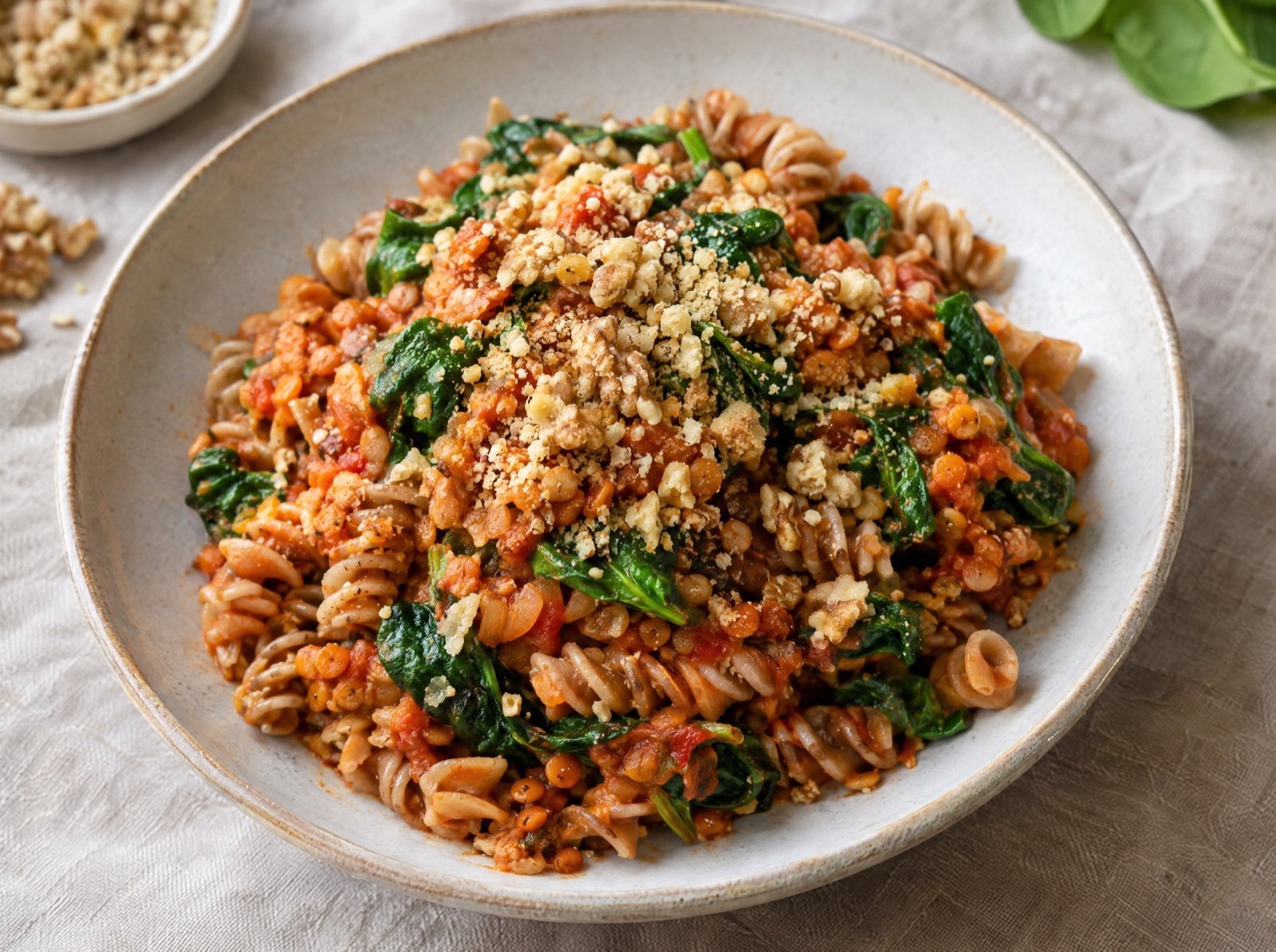 Fusilli mit Linsen-Bolognese und Walnuss-Parmesan