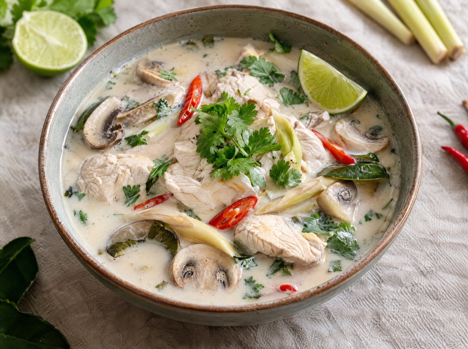 Thailändische Kokossuppe Tom Kha Gai mit Hähnchen