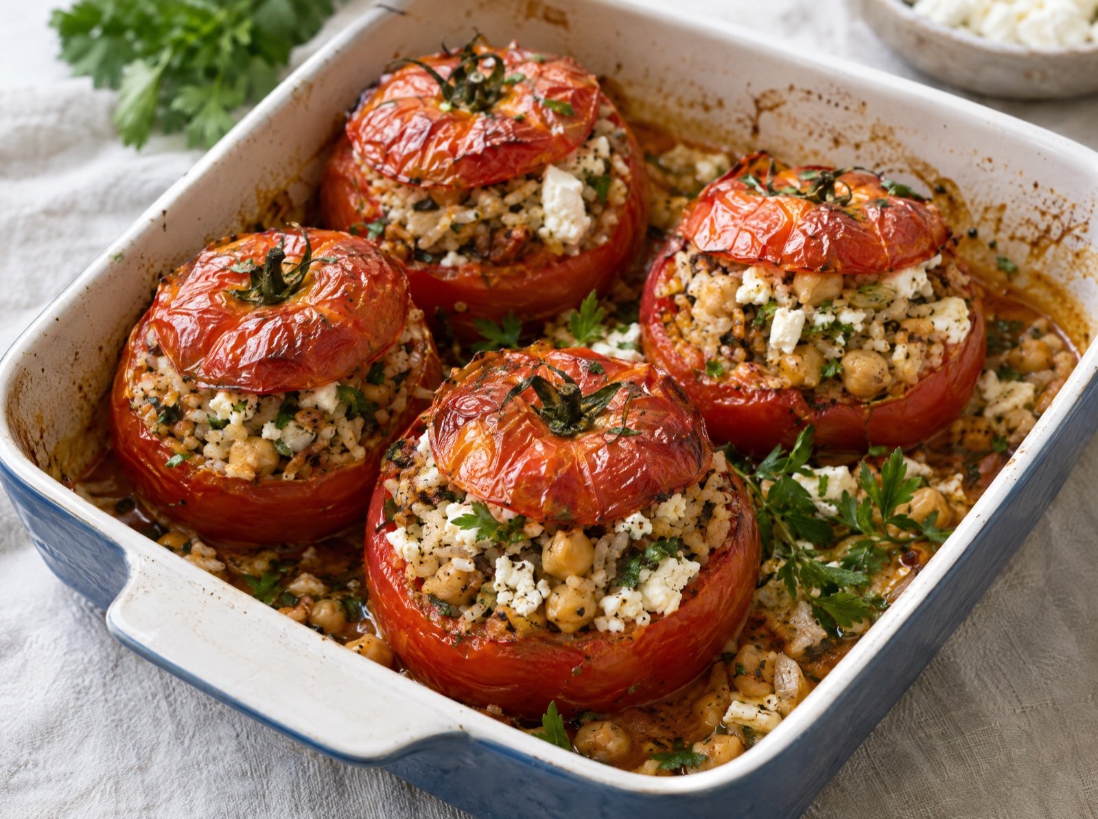 Gemista mit Kichererbsen, Reis und Feta