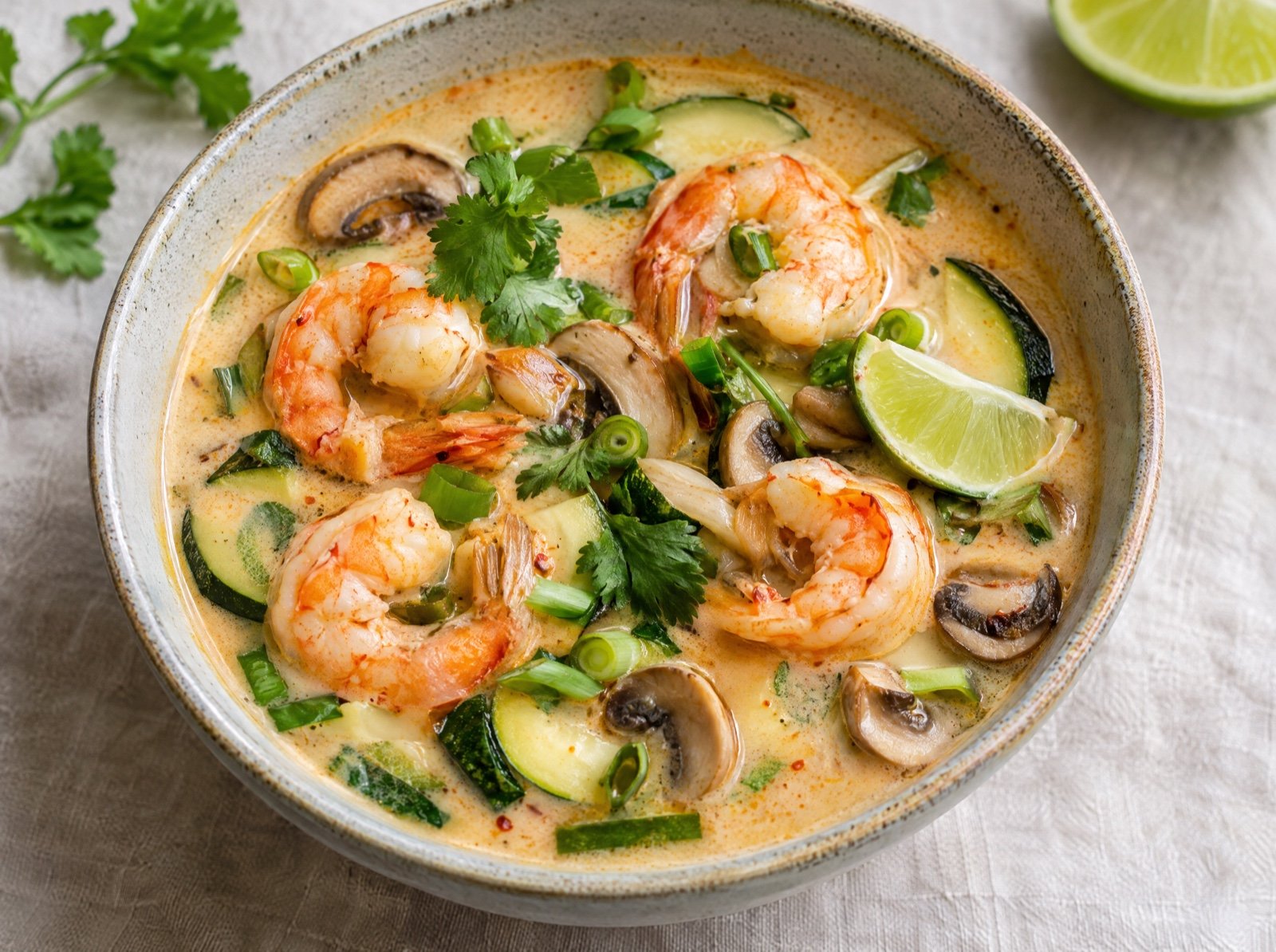 Thai-Kokossuppe mit Garnelen und Champignons