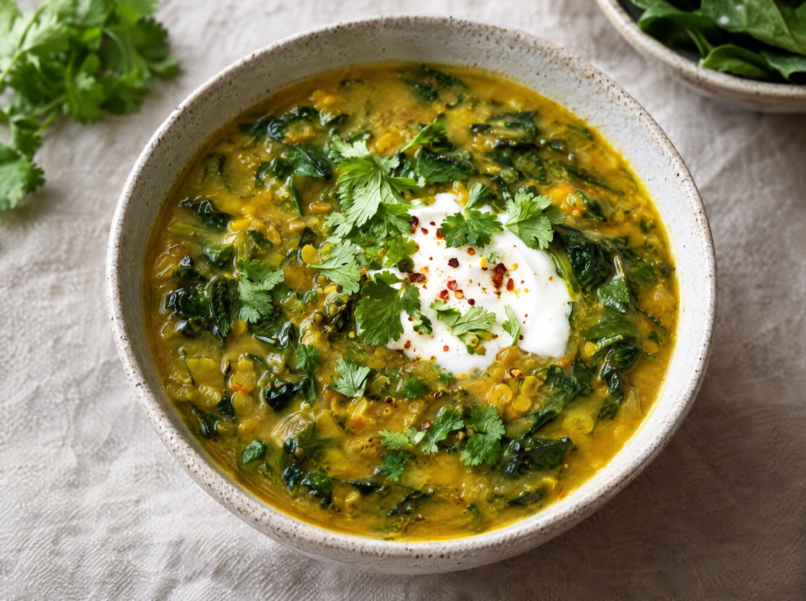 Gelbe Linsensuppe mit Spinat und Ingwer