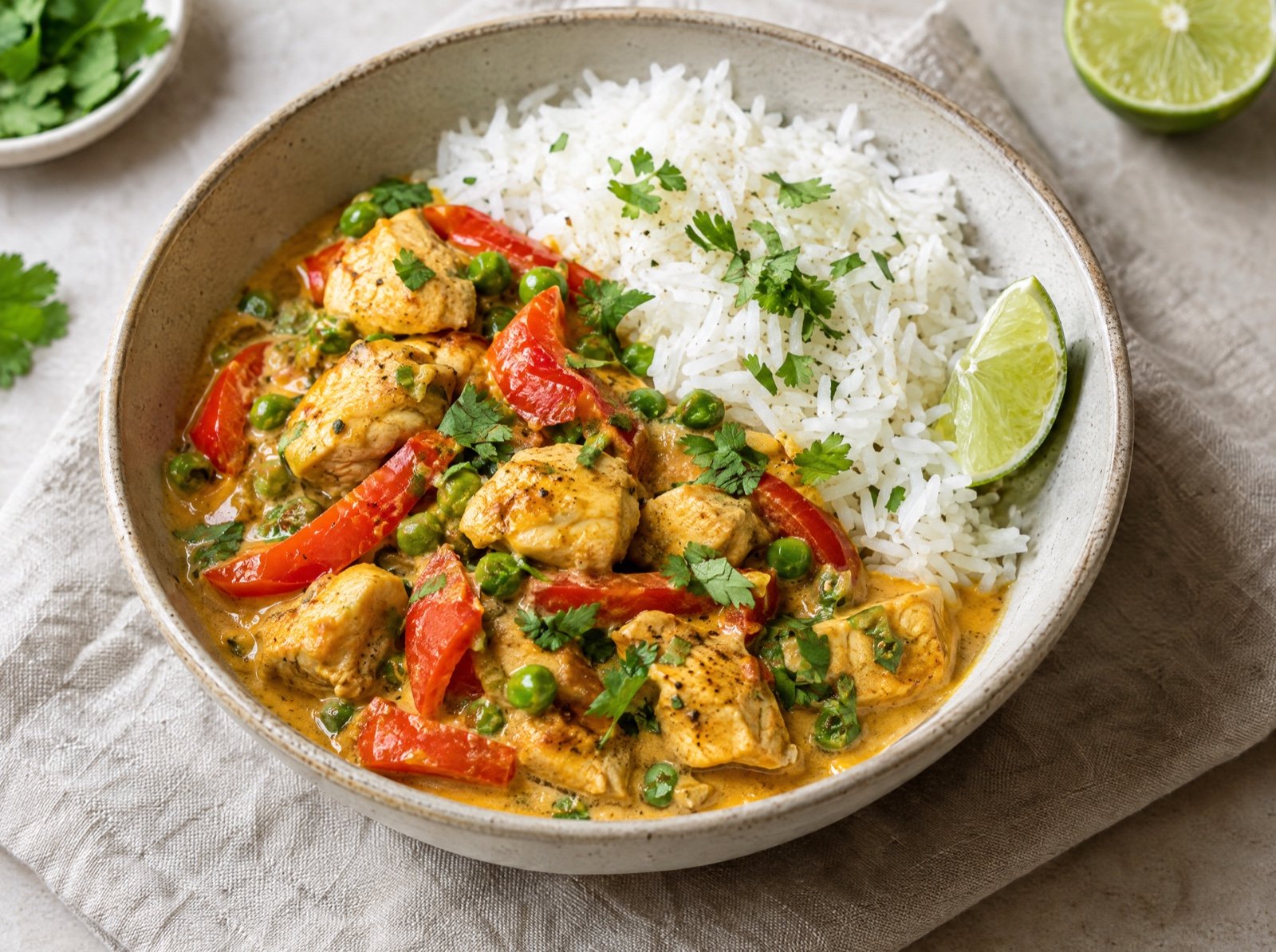 Schnelles Hähnchen-Curry mit Paprika und Erbsen