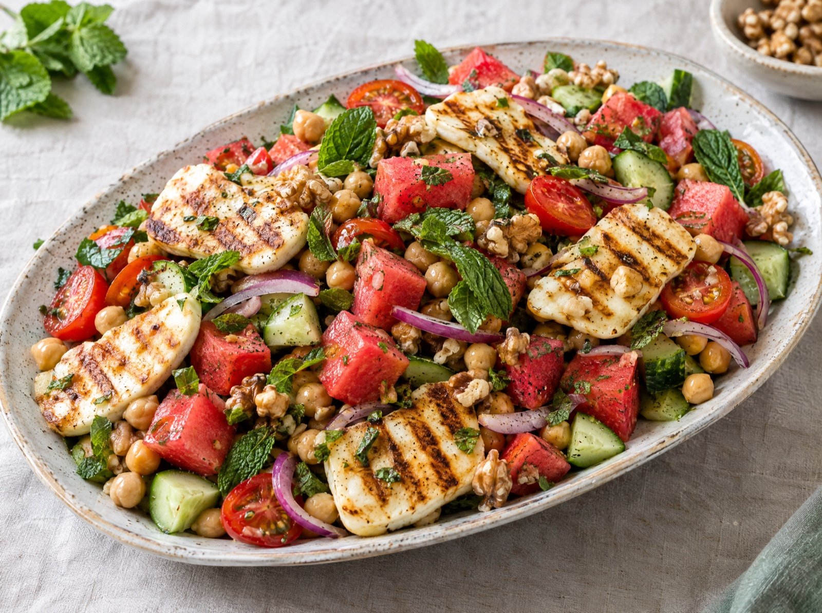 Halloumi-Salat mit Kichererbsen, Wassermelone und Minze