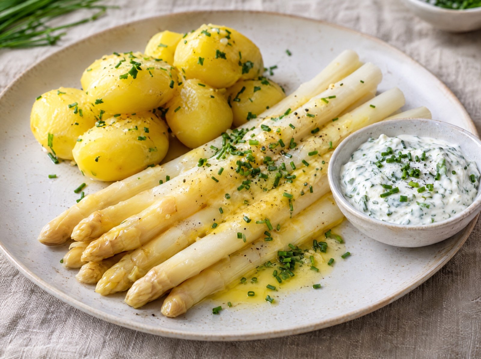 Weißer Spargel mit Salzkartoffeln und Schnittlauch-Quark