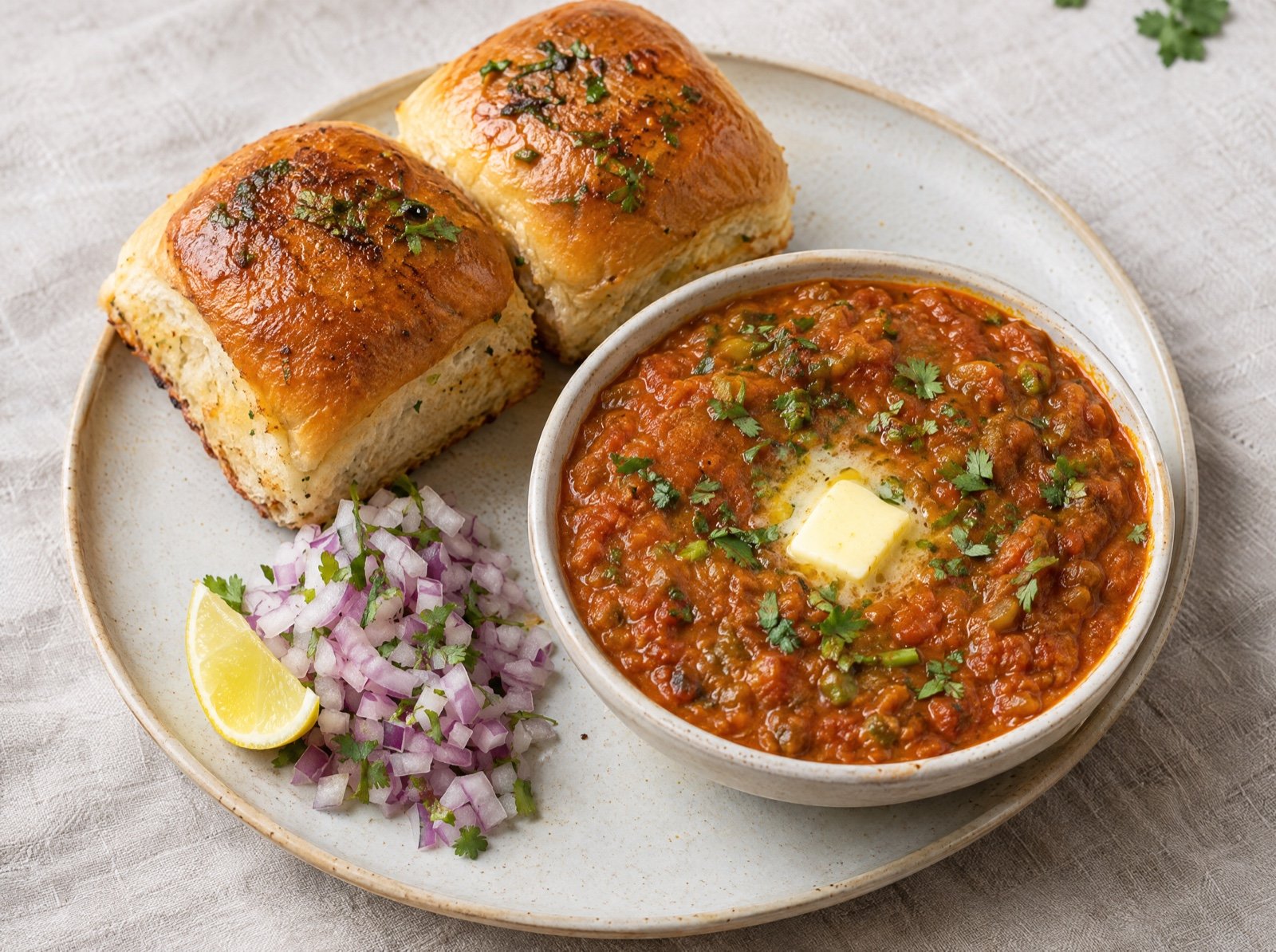 Mumbai Pav Bhaji mit buttrigen Brötchen