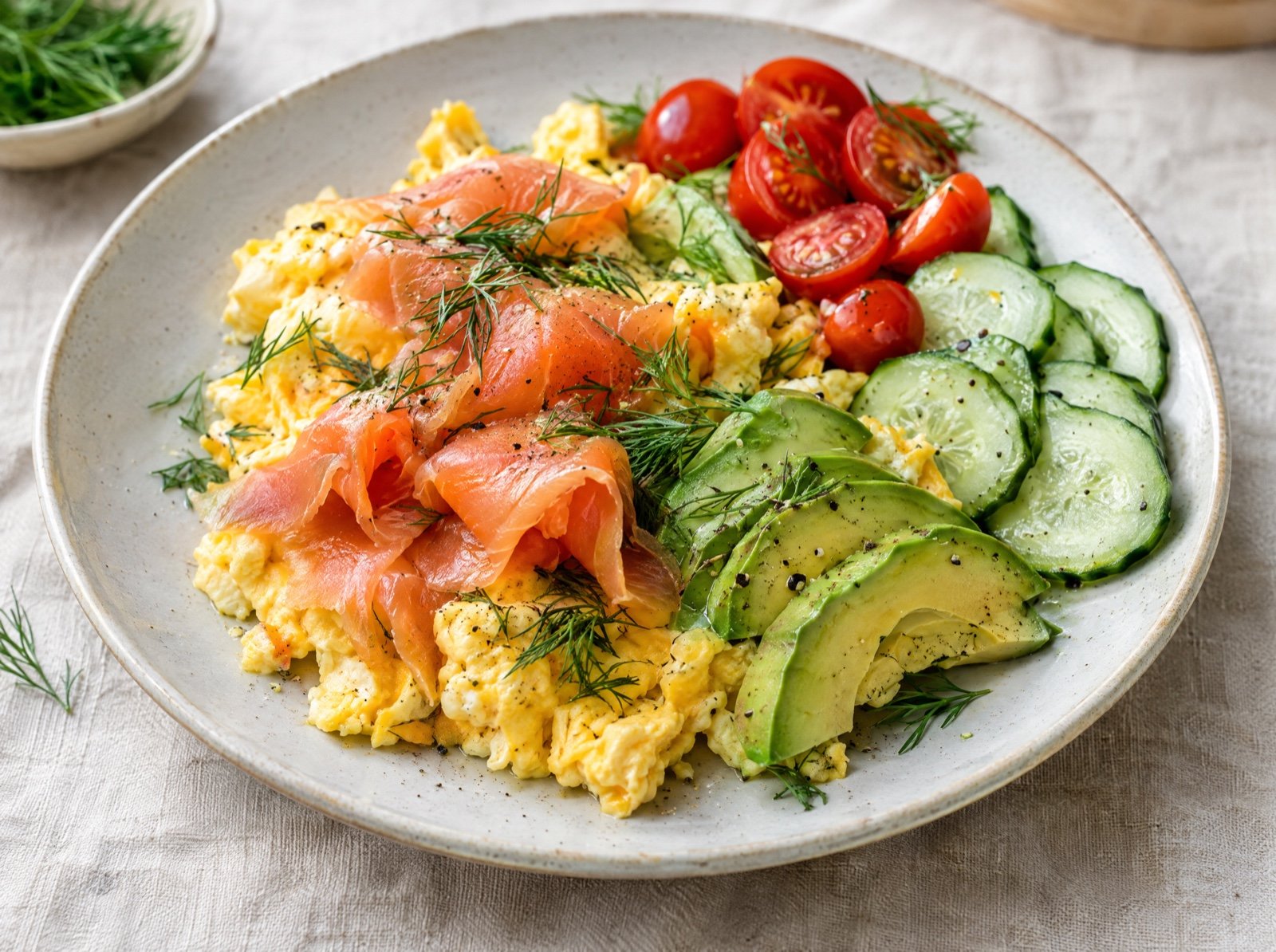 Rührei mit Räucherlachs, Avocado und Gurke
