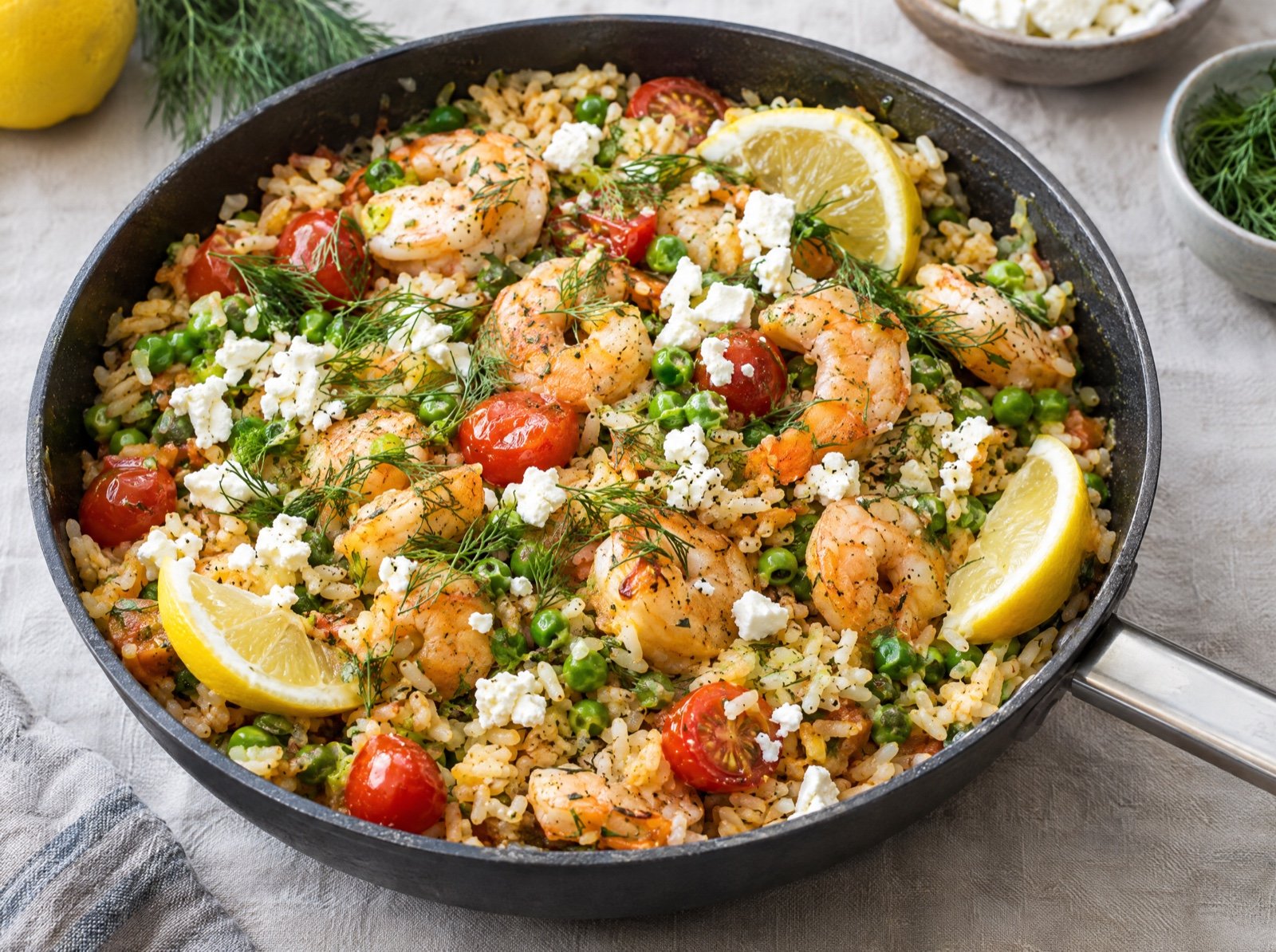 Garnelen-Reispfanne mit Erbsen, Feta und Zitrone