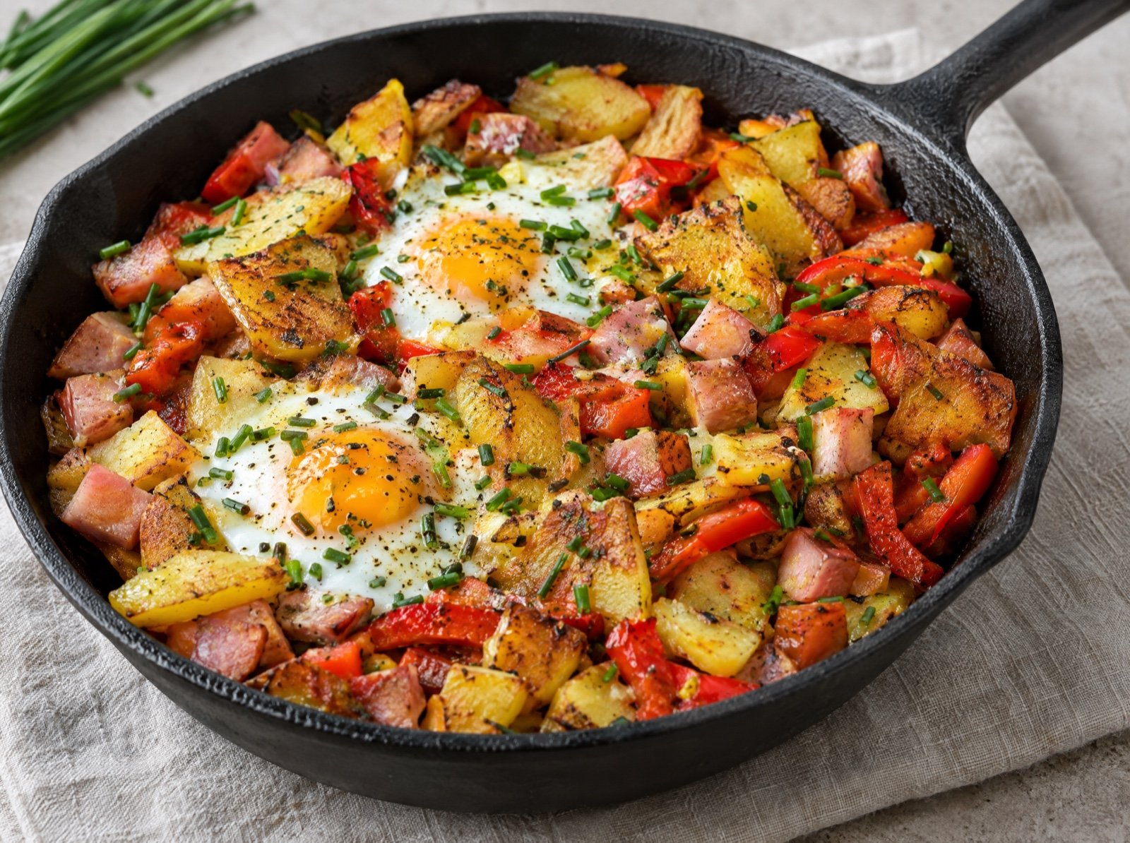 Bauernfrühstück mit Reste-Kartoffeln, Paprika und Schinken