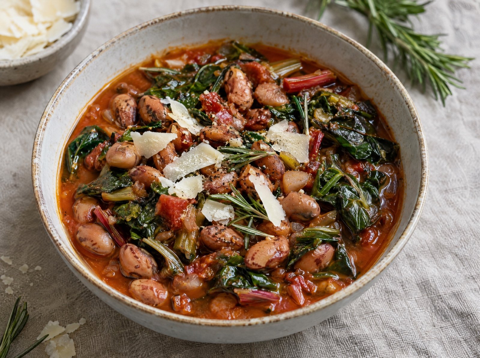 Italienischer Borlotti-Bohnen-Eintopf mit Mangold und Rosmarin