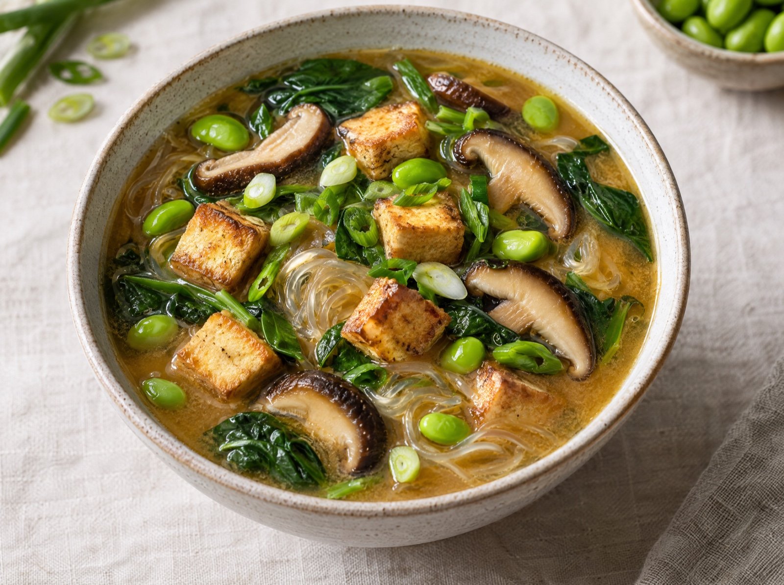 Miso-Suppe mit Edamame, Shiitake und knusprigem Tofu