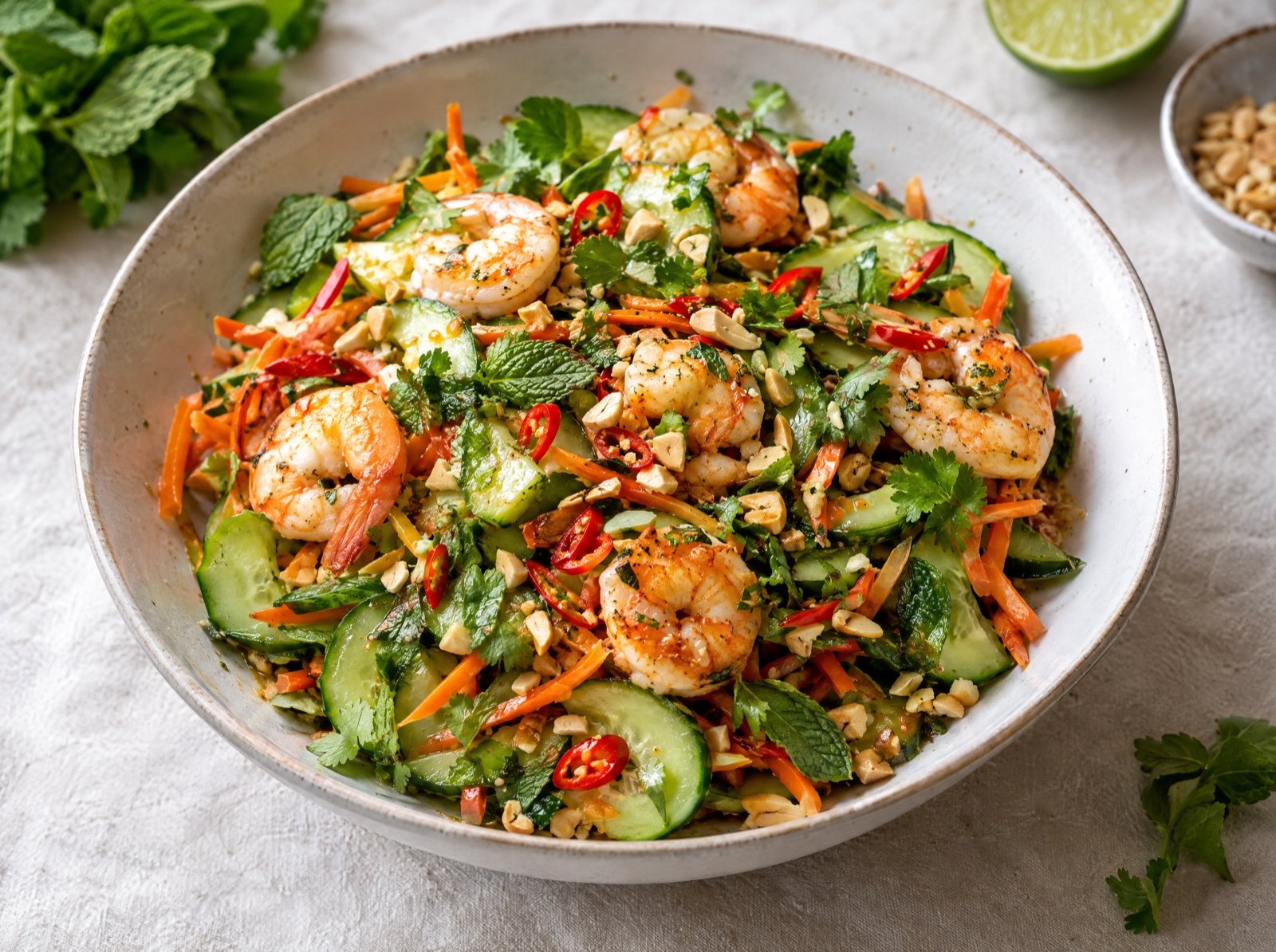 Vietnamesischer Gurkensalat mit Garnelen und Limetten-Fischsauce