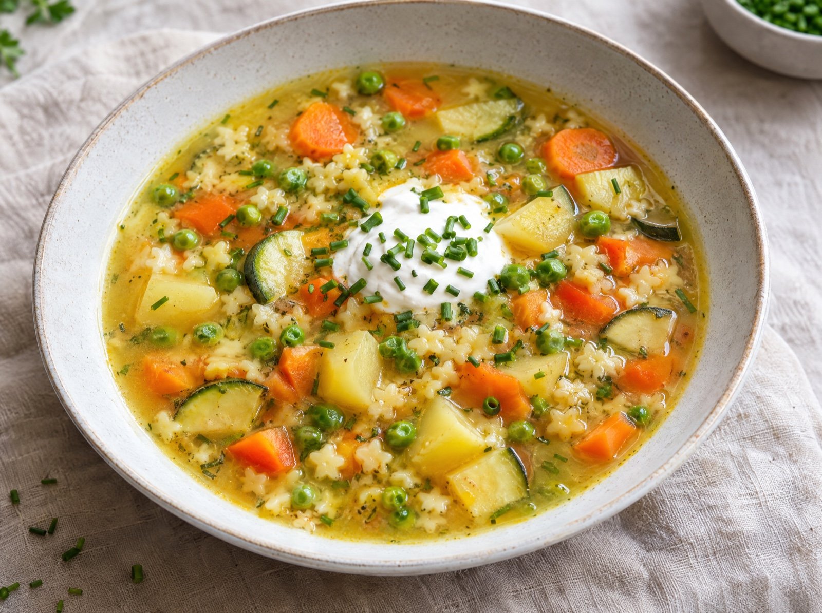 Kartoffel-Möhren-Suppe mit Erbsen, Zucchini und Sternchennudeln