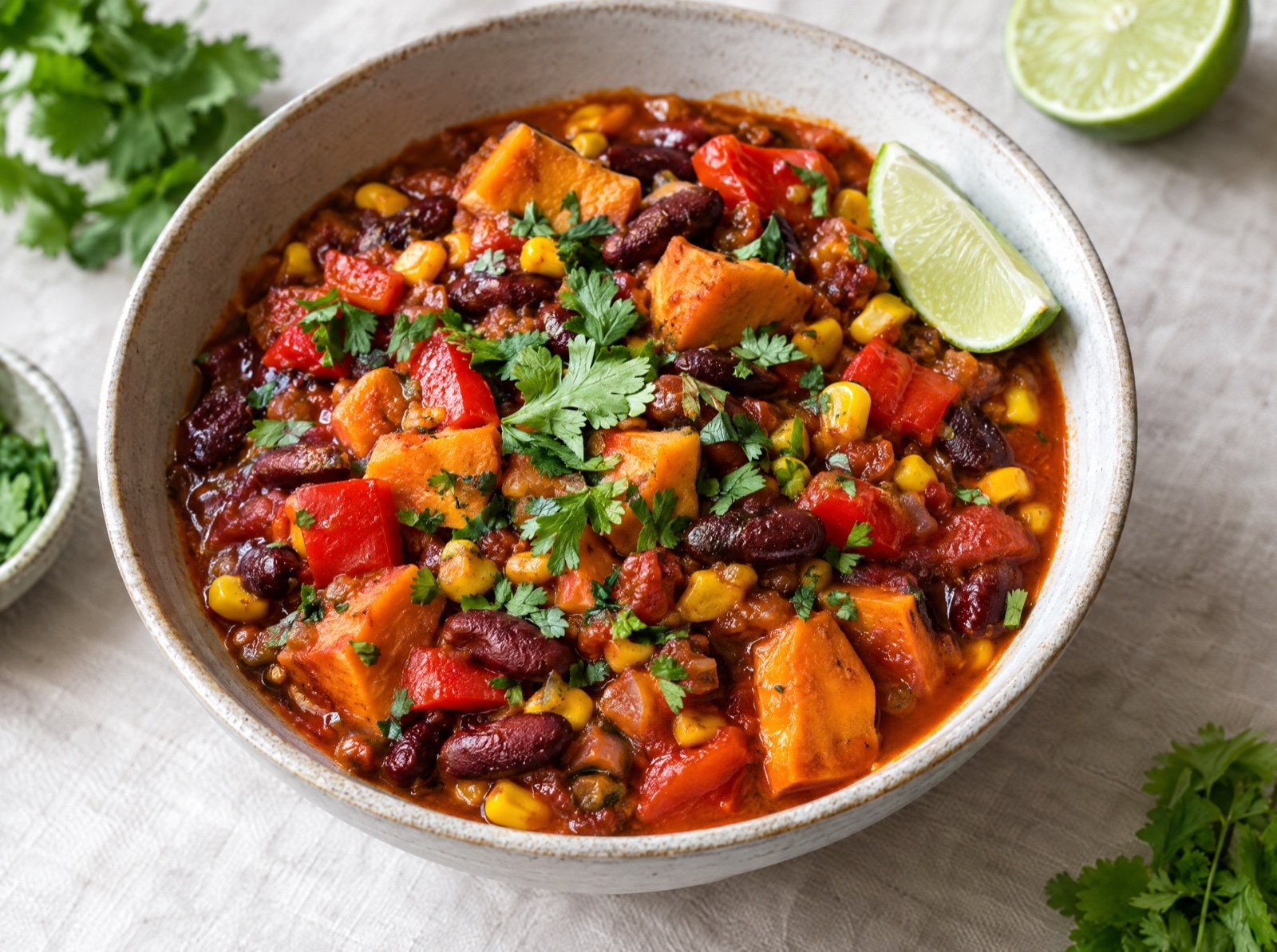 Vegetarischer Chili-Eintopf mit Süßkartoffeln und Kidneybohnen